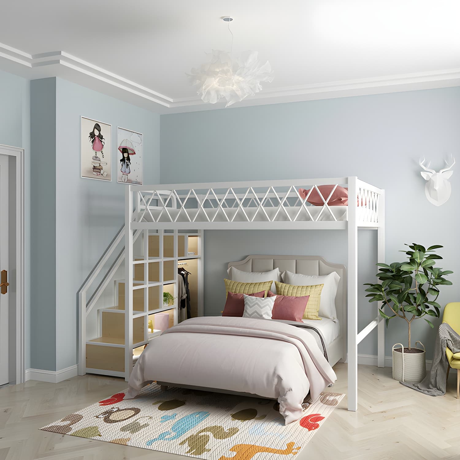 Modern Wood/Metal Bed with Light Wood Tone & Tall Clearance Storage Cabinets thumbnail 4