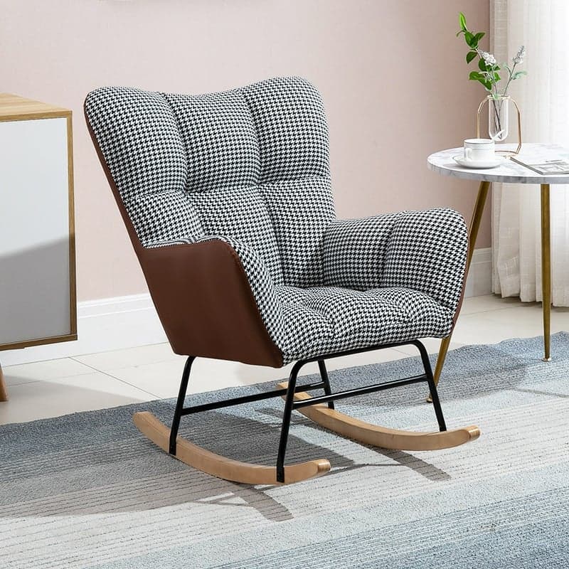 Cotton Cushioned Seat & Back Stationary Rocking Reading Chair with Flared Arm, Footstool, Wing Back & Light Wood Legs thumbnail 4
