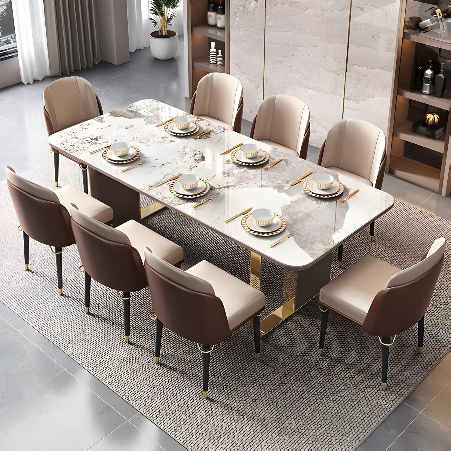 Luxury Sintered Stone Top Dining Set Rectangle 1/4/5/6/7/9 Pieces Dining Table with Chairs thumbnail 1