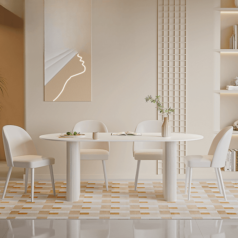 Oval Dining Table Set with Two-sided Pedestal, Enclosed Back, Fixed Table, Padded Chair, 5-piece in White thumbnail 2