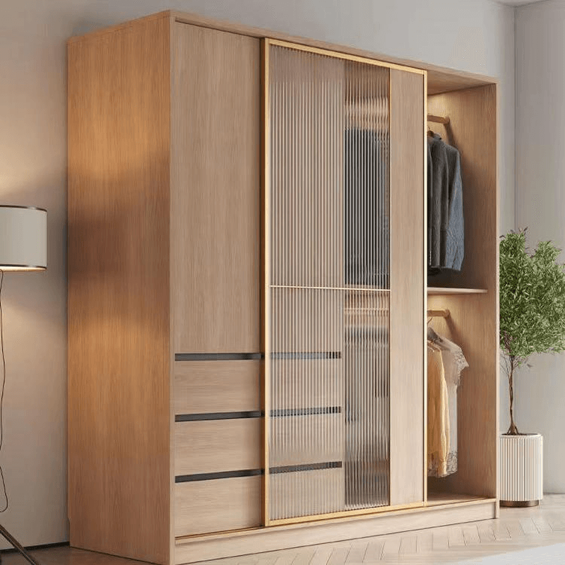 Natural Finish Art Deco Timber Wardrobe Armoire with Soft Close Drawer, Soft Close Door, Interior Shelves, and Clothing Rod