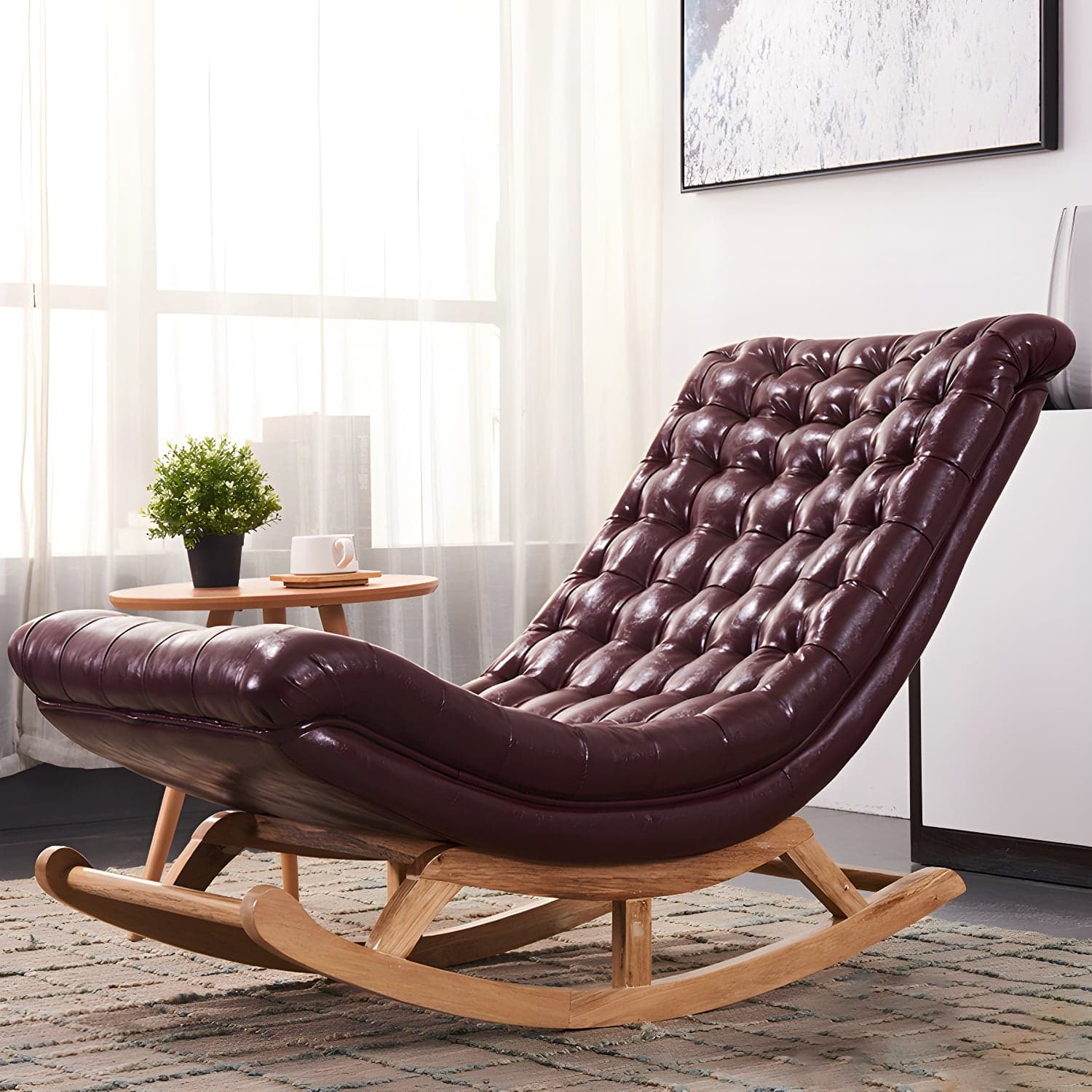 Indoor Leisure Chaise Chair Modern Wooden Upholstered Rocking Chair thumbnail 9
