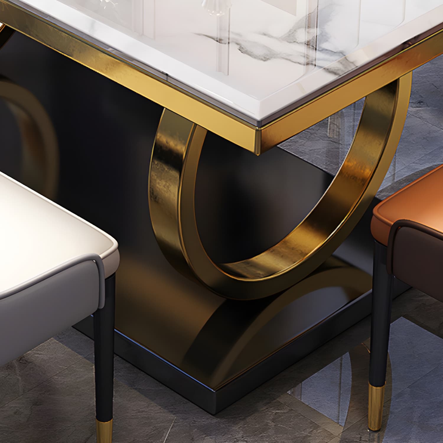 Glam Marble Dining Set with Gold Metal Pedestal Base - White and Beige - 1/5/7 Piece Set thumbnail 10