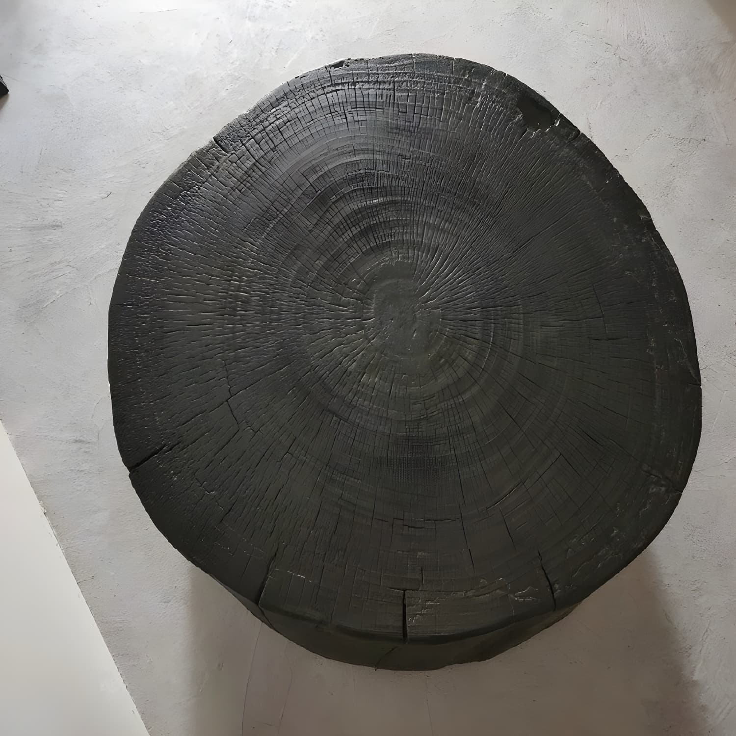 Round Wood Mid-Century Modern Coffee Table with Drum Base and Distressed Finish thumbnail 4
