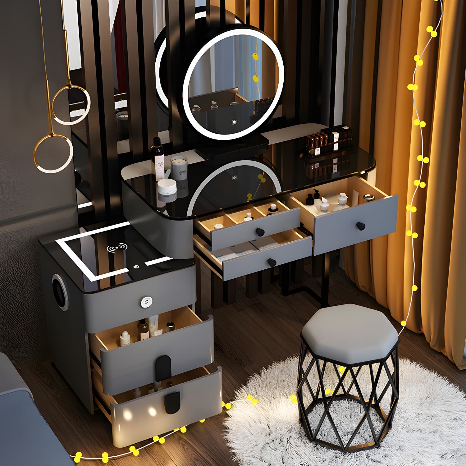 Lighted Mirror Wood Makeup Dressing Table Stool Set in Black/ White thumbnail 4