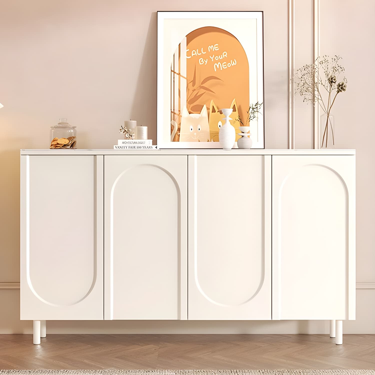 Scandinavian Wood Buffet Sideboard with Stone Countertop and Adjustable Shelves thumbnail 15