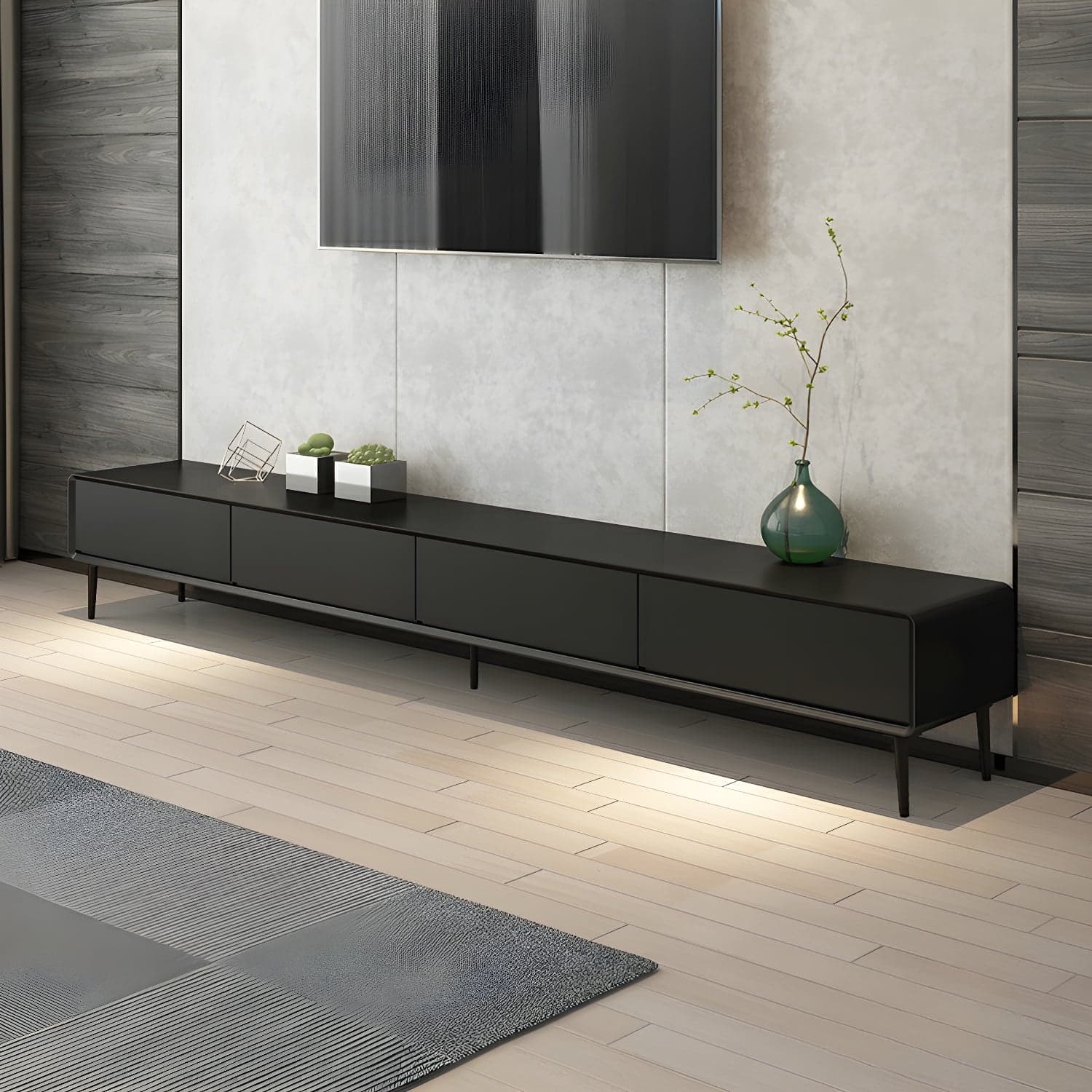 Modern Wooden Long and Low TV Stand with 4 Drawers, No Assembly Required, Dark Tone thumbnail 1