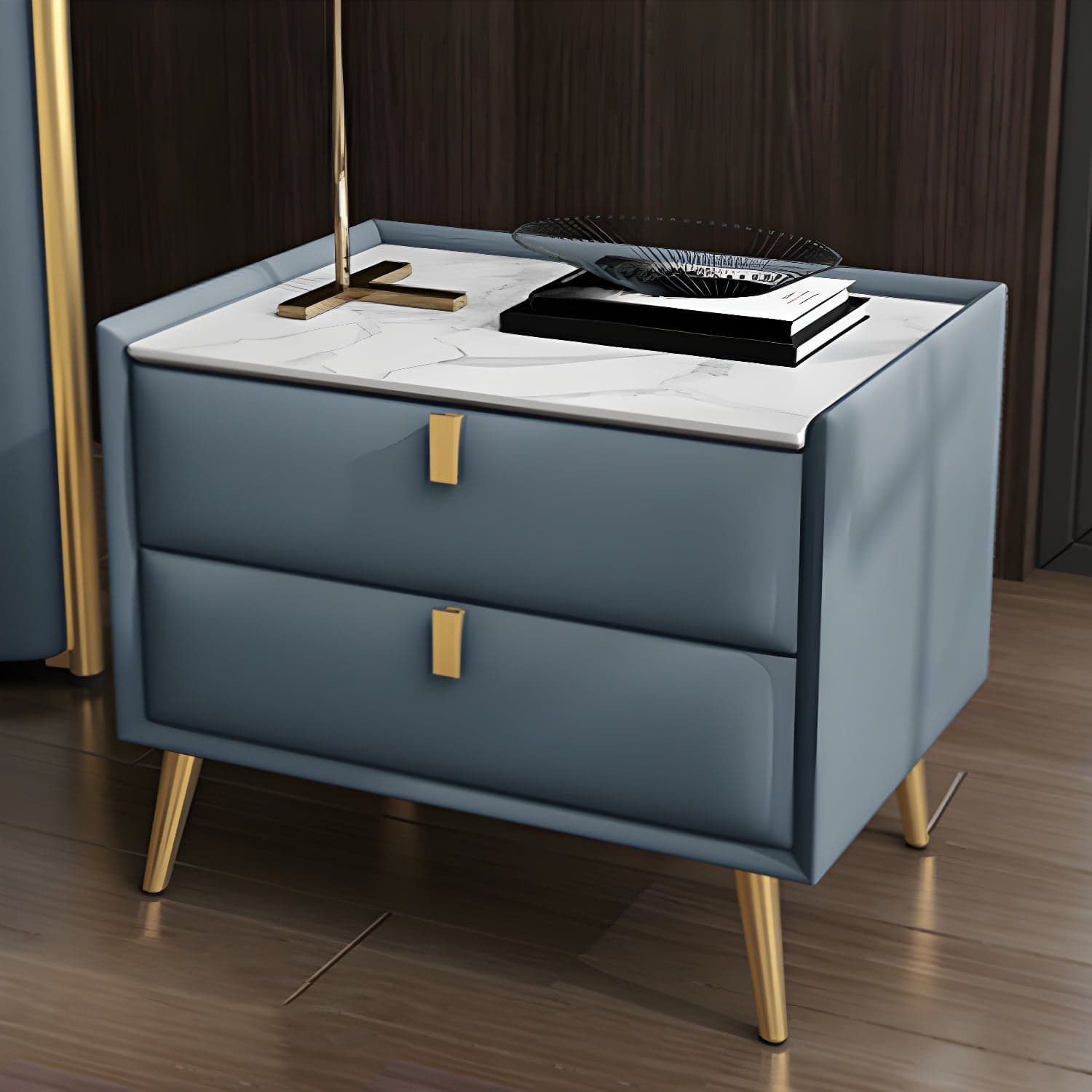 Solid Wood Bedside Table, Modern 2 - Drawer Stone Top Nightstand thumbnail 3