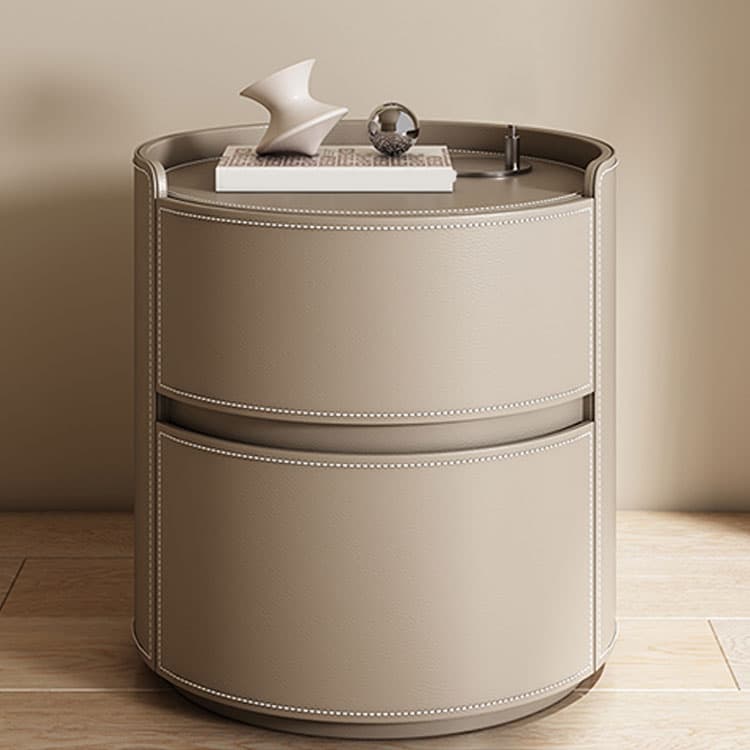 Chic Modern Round Nightstand with Light Wood Tone Faux Leather and Numerate Two Drawer Storage thumbnail 12