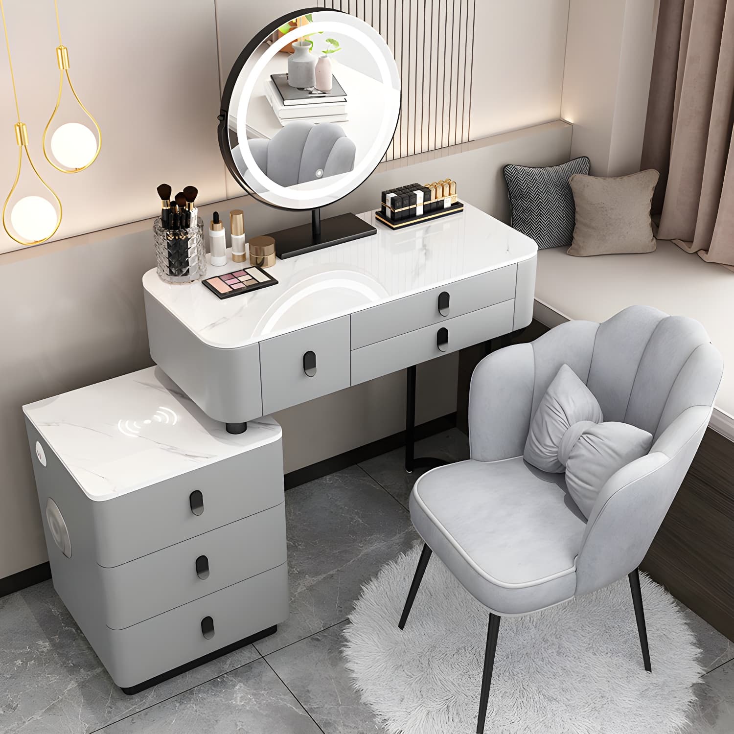 Glass Top Makeup Vanity Desk Lighted Mirror Makeup Vanity Set thumbnail 7