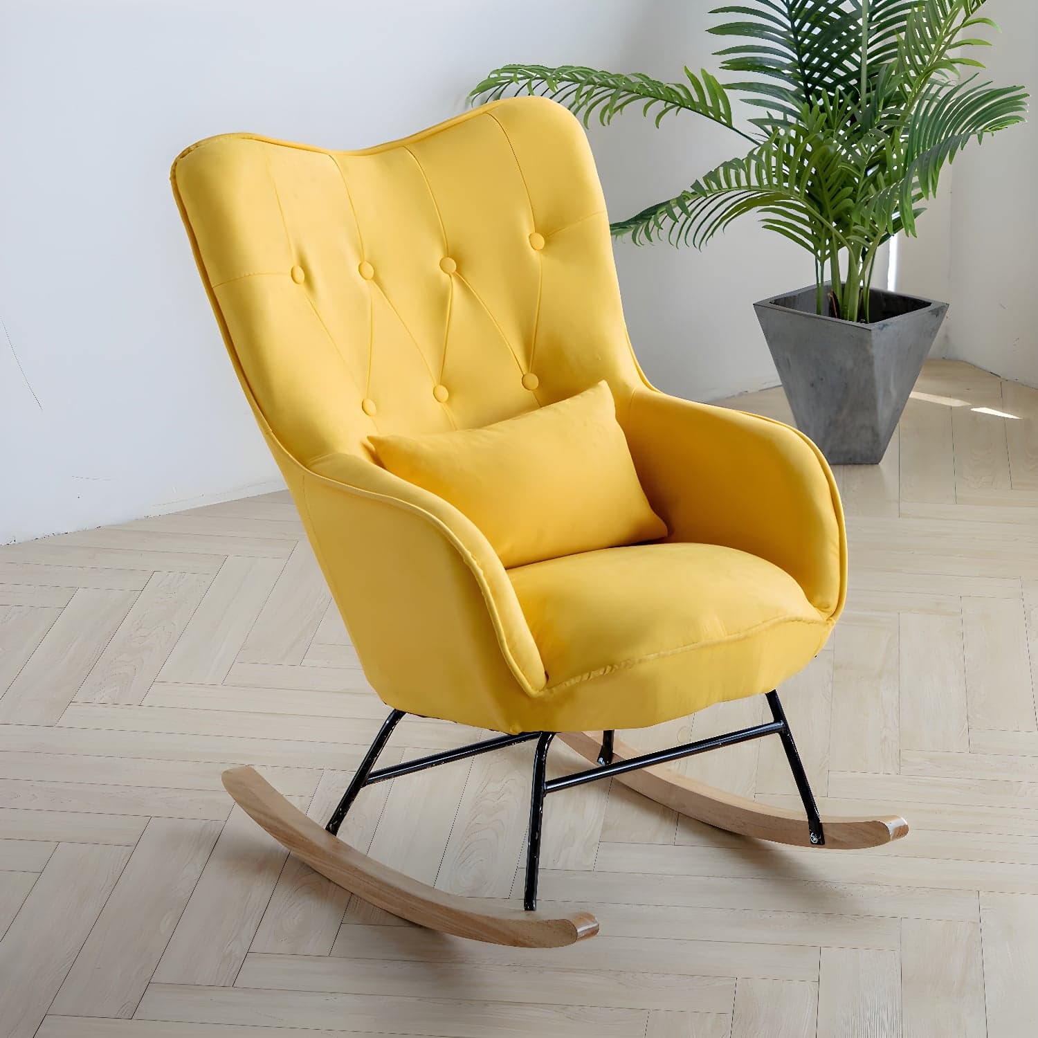 Stylish Modern Upholstered Rocking Chair with Natural Wood Legs and Tufted Back Cushion thumbnail 5