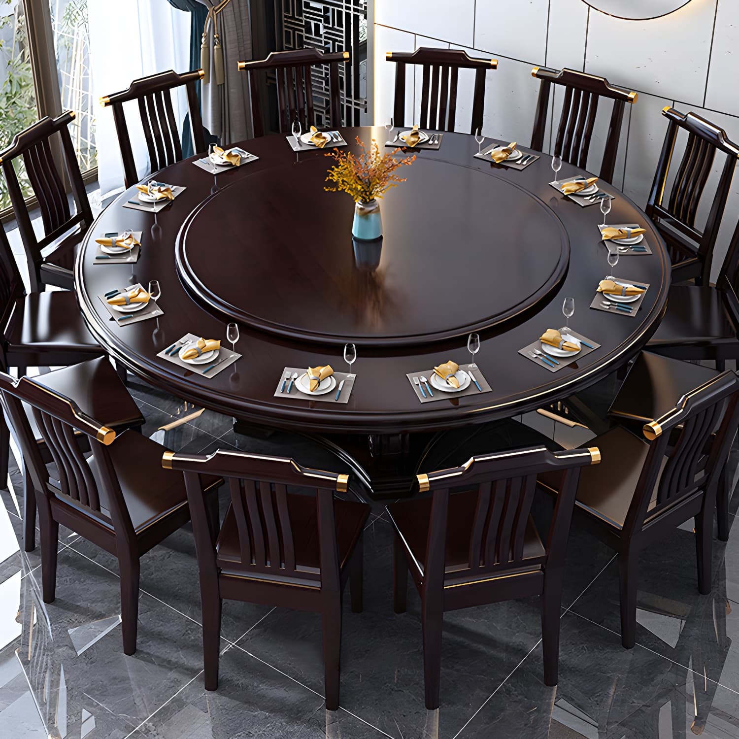 Round Solid Wood Dining Table Modern Turntable Furniture with Pedestal Base thumbnail 18