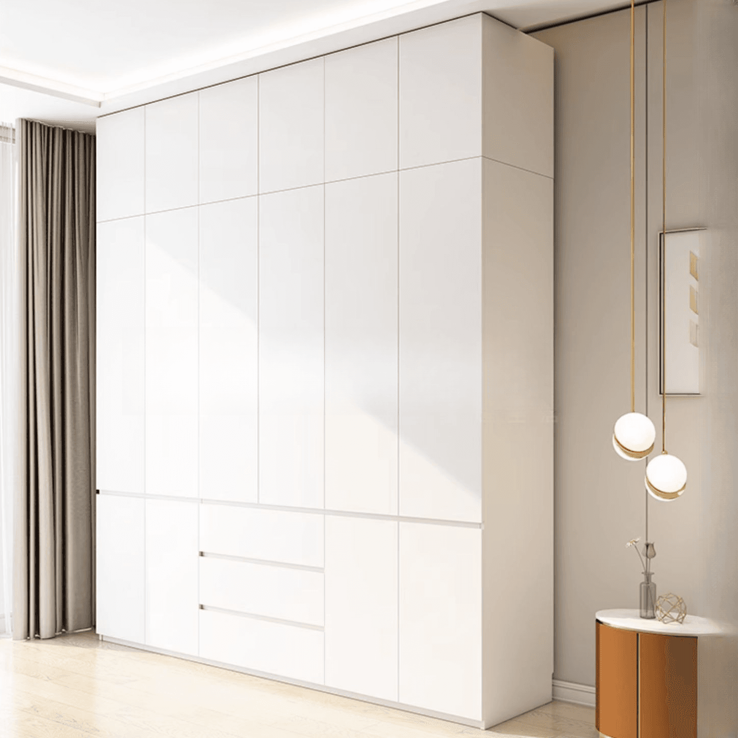 Minimalist Chalk Wooden Cabinet Armoire with Soft Close Drawer, Soft Close Door, Interior Shelves, and Clothing Rod thumbnail 1