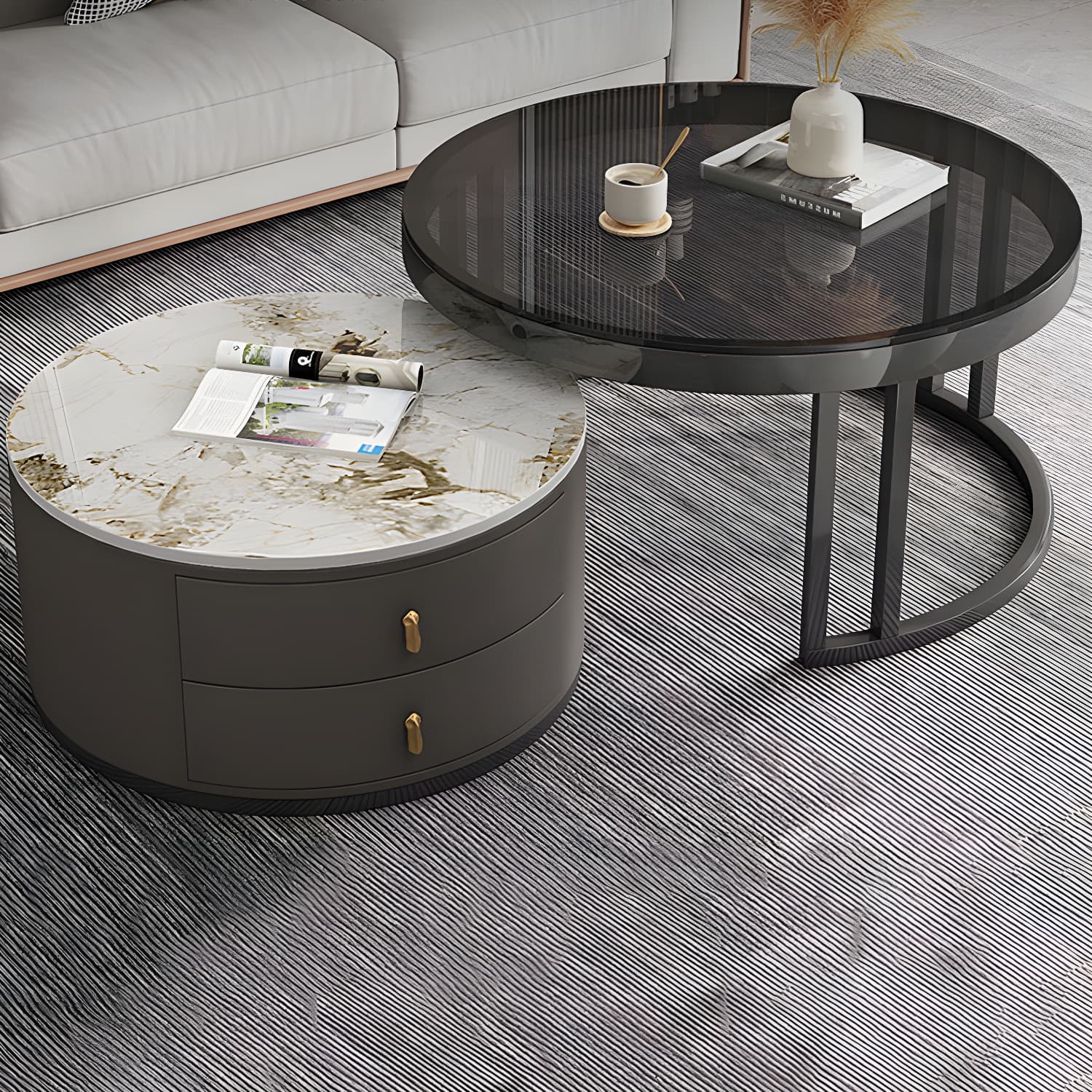Round Nesting Coffee Table Set Frame Modern Storage Coffee Table thumbnail 15