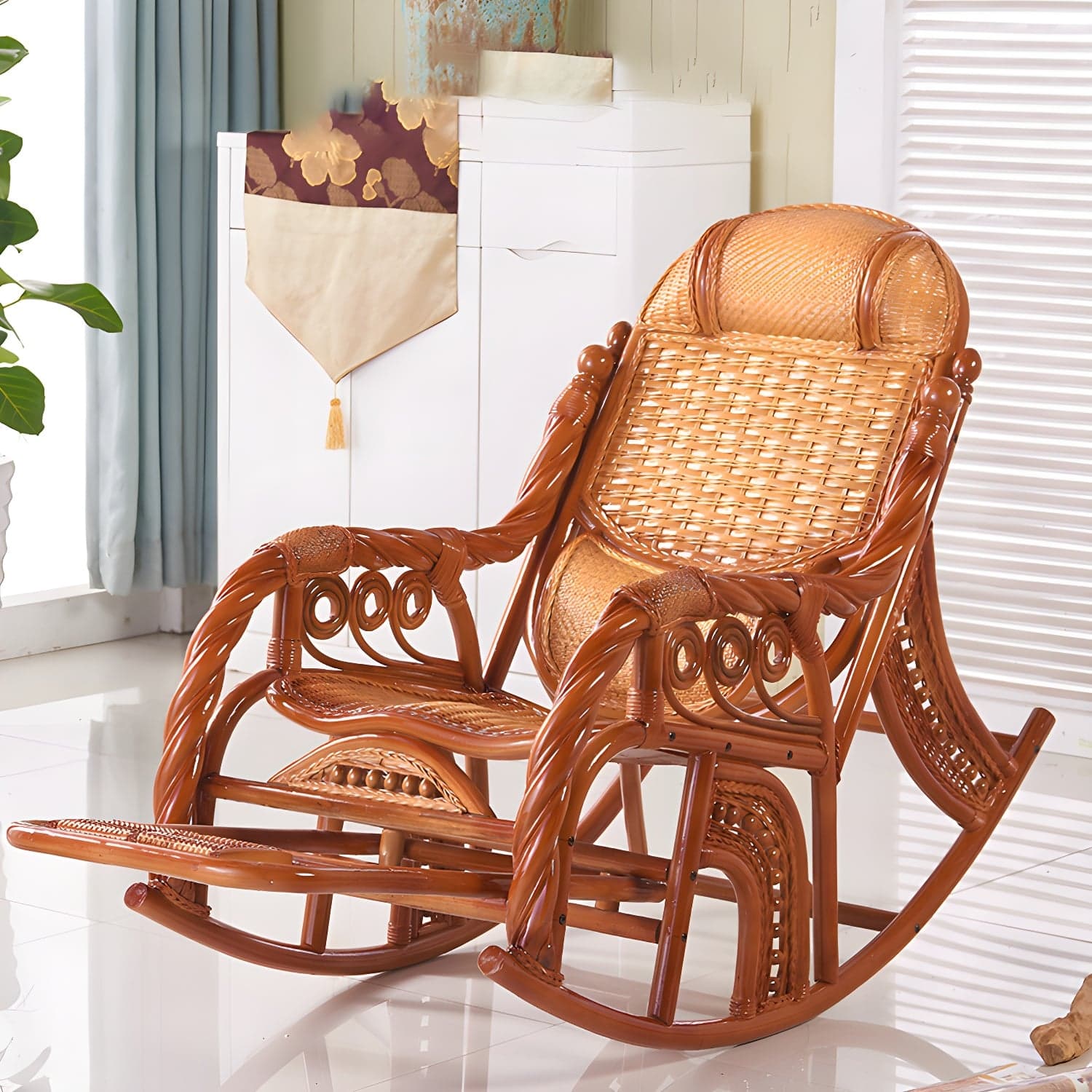 Traditional Rocking Chair Rattan Solid Color Spindle Backrest Indoor Rocking Chair thumbnail 1