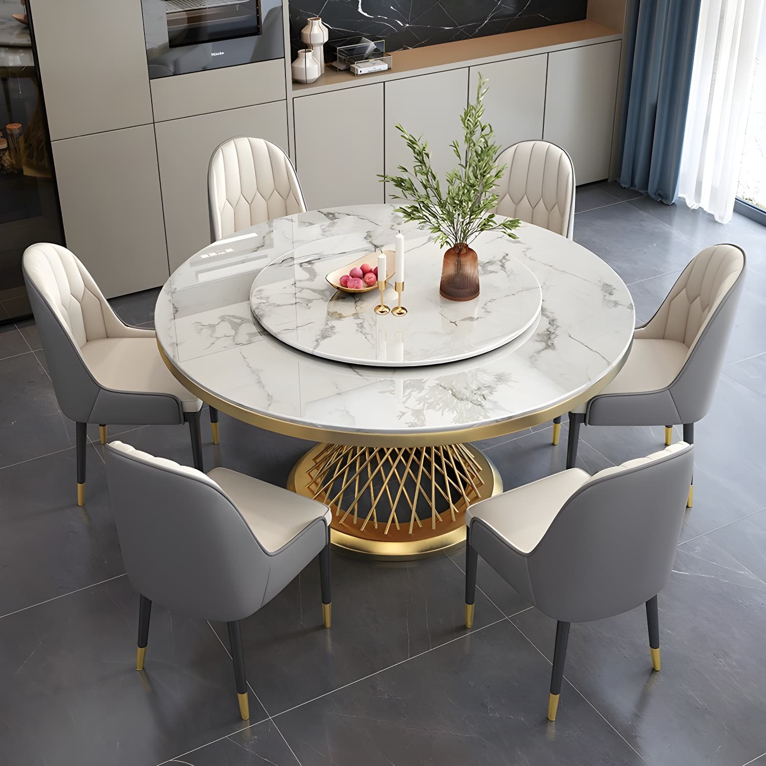 1/5/7/9 Pcs Dining Set with Round Marble Table and Padded Chairs thumbnail 4