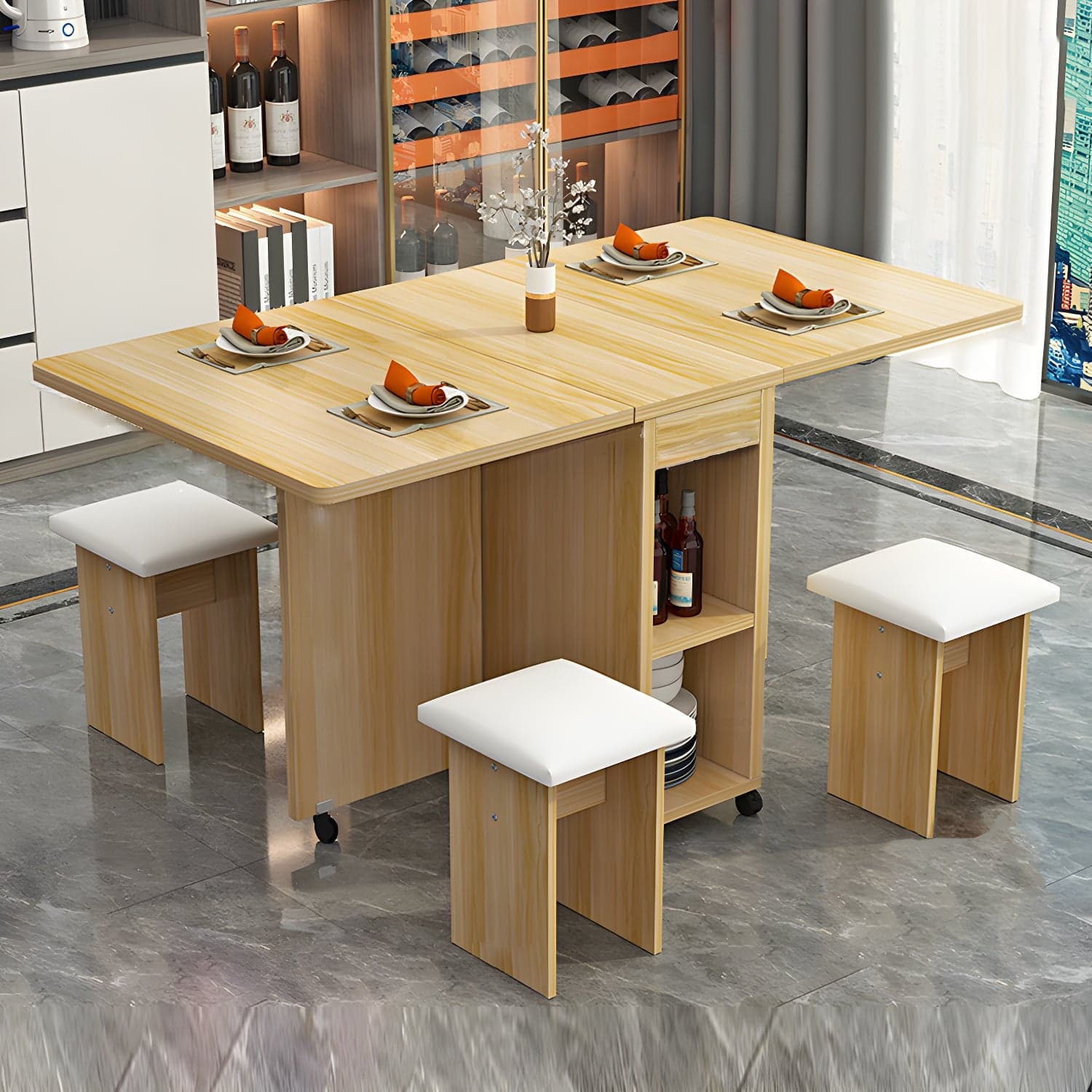 5-Piece Modern Wood Dining Set with Rectangle Table and White Backless Stools thumbnail 8