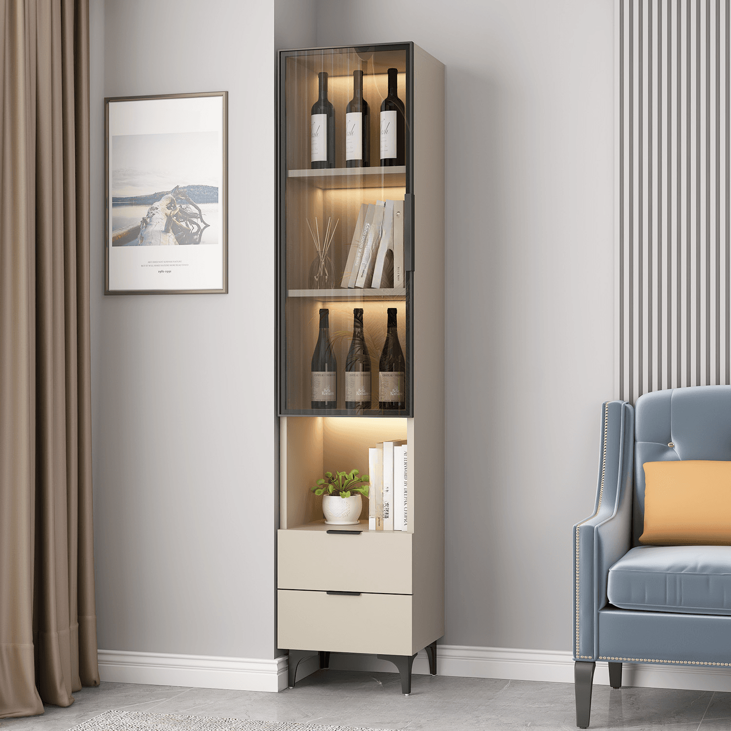 Rectangle Utility Cabinet with Locker, Glass Door, Pull Bars, White/Espresso/Off White Top, Soft Close Drawer, and Light thumbnail 2