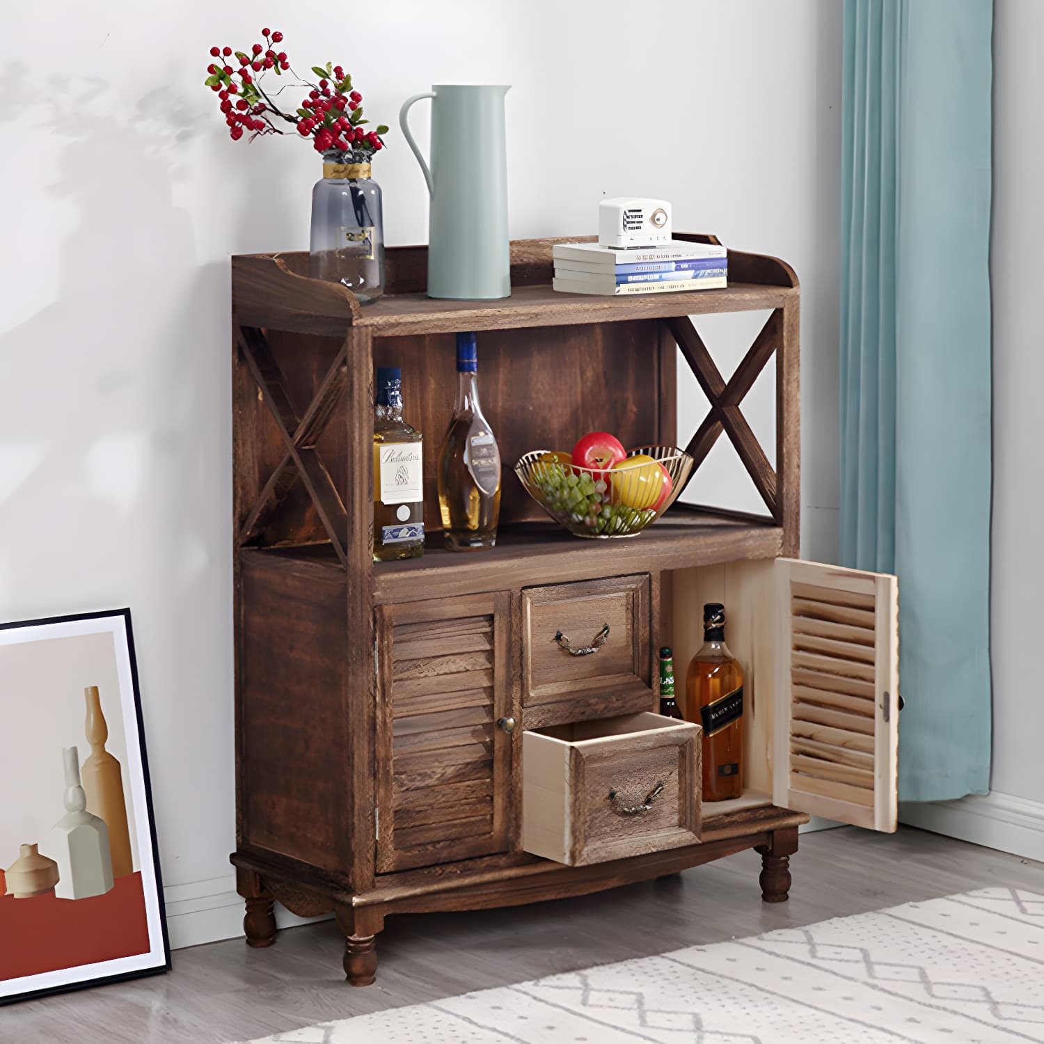 Rustic Farmhouse Wood Server - Compact Sideboard with Drawers and Open Storage thumbnail 17