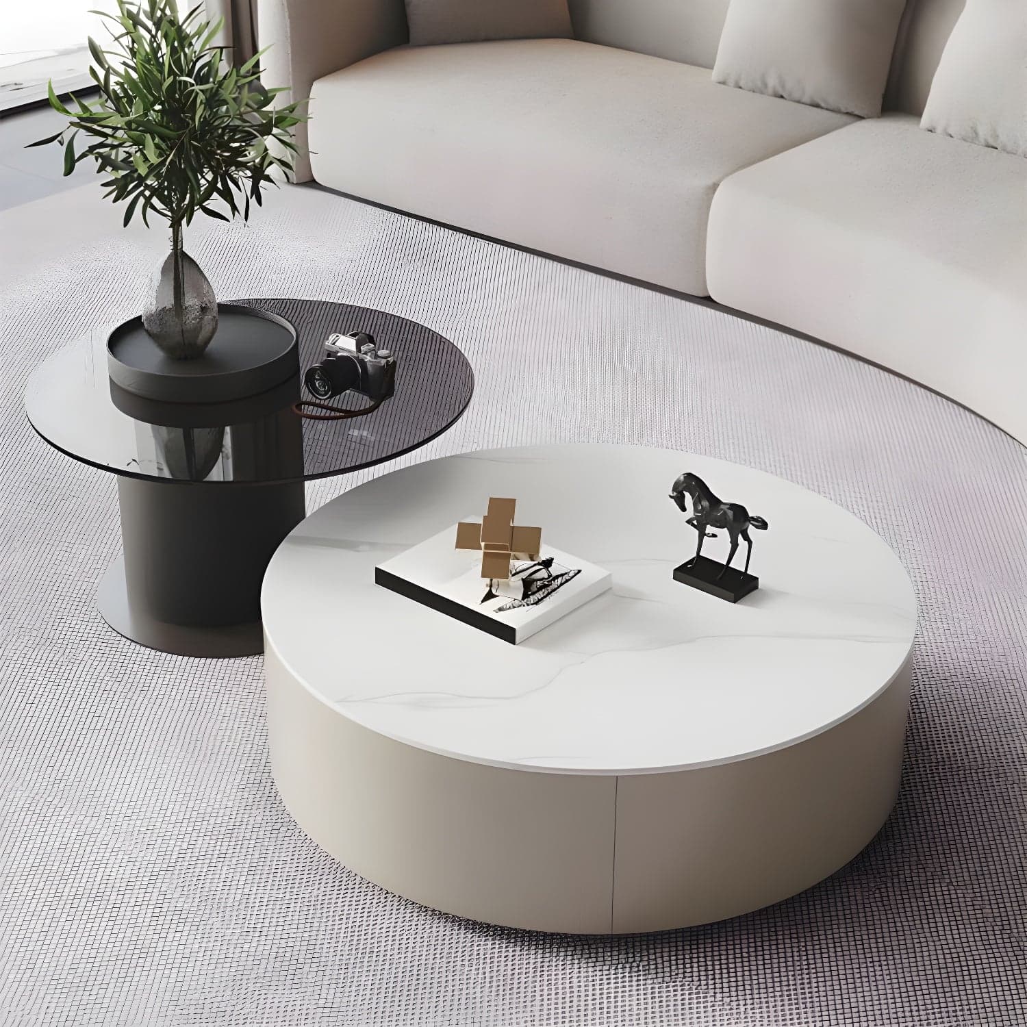 11"H Contemporary Coffee Table Round Coffee Cocktail Table with Drawer thumbnail 5