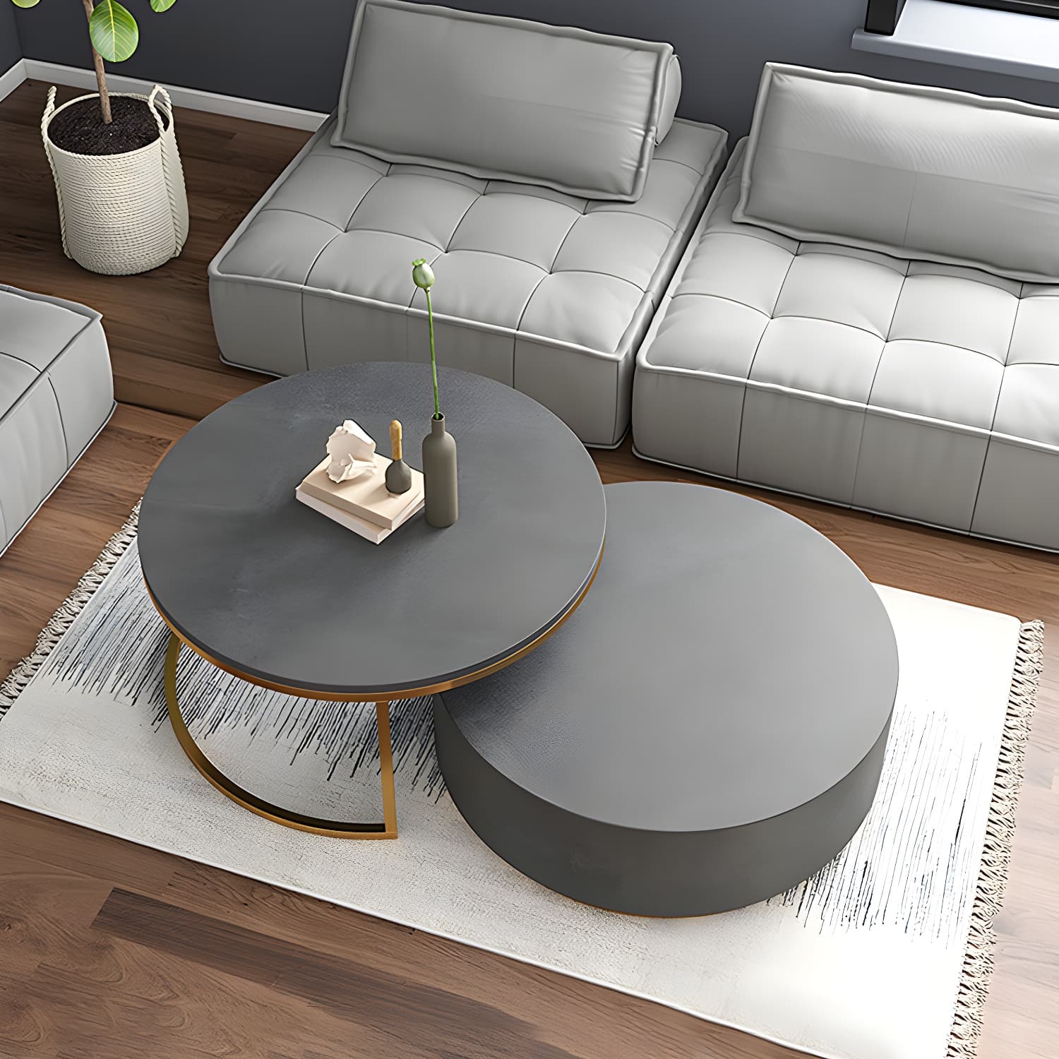 Drum Base Design Black/grey Faux Concrete Top Metal Base Round Coffee Table thumbnail 14