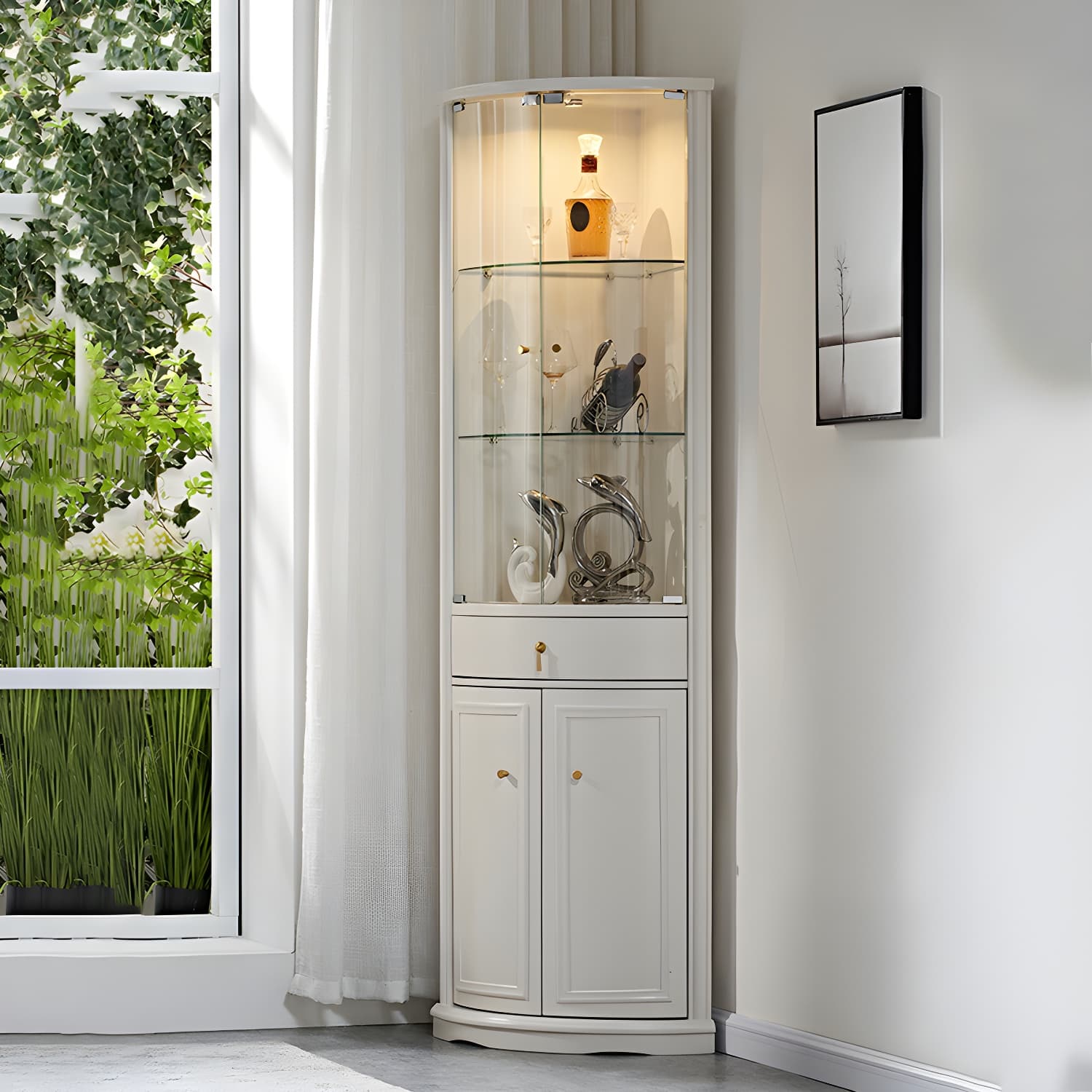 Corner Mid-Century Modern Accent Cabinet with Wood Countertop, Glass Doors, and Drawers Included thumbnail 6