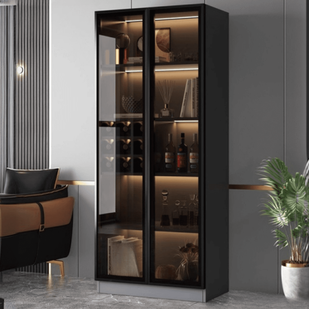 Contemporary Rectangle Utility Storage Cabinet with Storage Cabinet, Composite Wood Countertop, Glass-panel Door in Midnight Black thumbnail 1