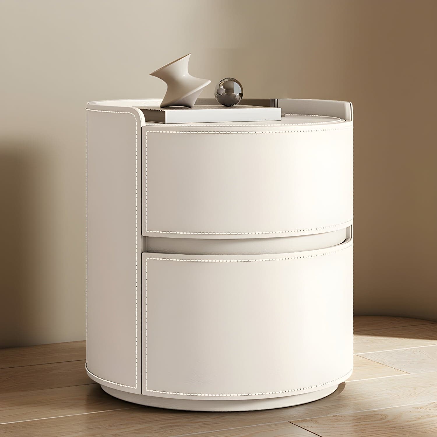 Modern Faux Leather Round Nightstand with 2 Drawers in Under 21 in. Narrow Size thumbnail 9
