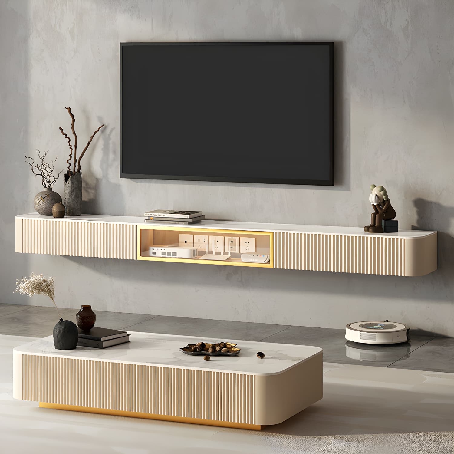 Contemporary TV Media Stand with Drawers Floating TV Stand Console thumbnail 10
