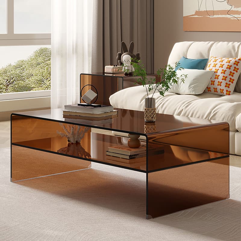 Rectangular Brown Glass Modern Coffee Table with Sled Base and Storage thumbnail 4