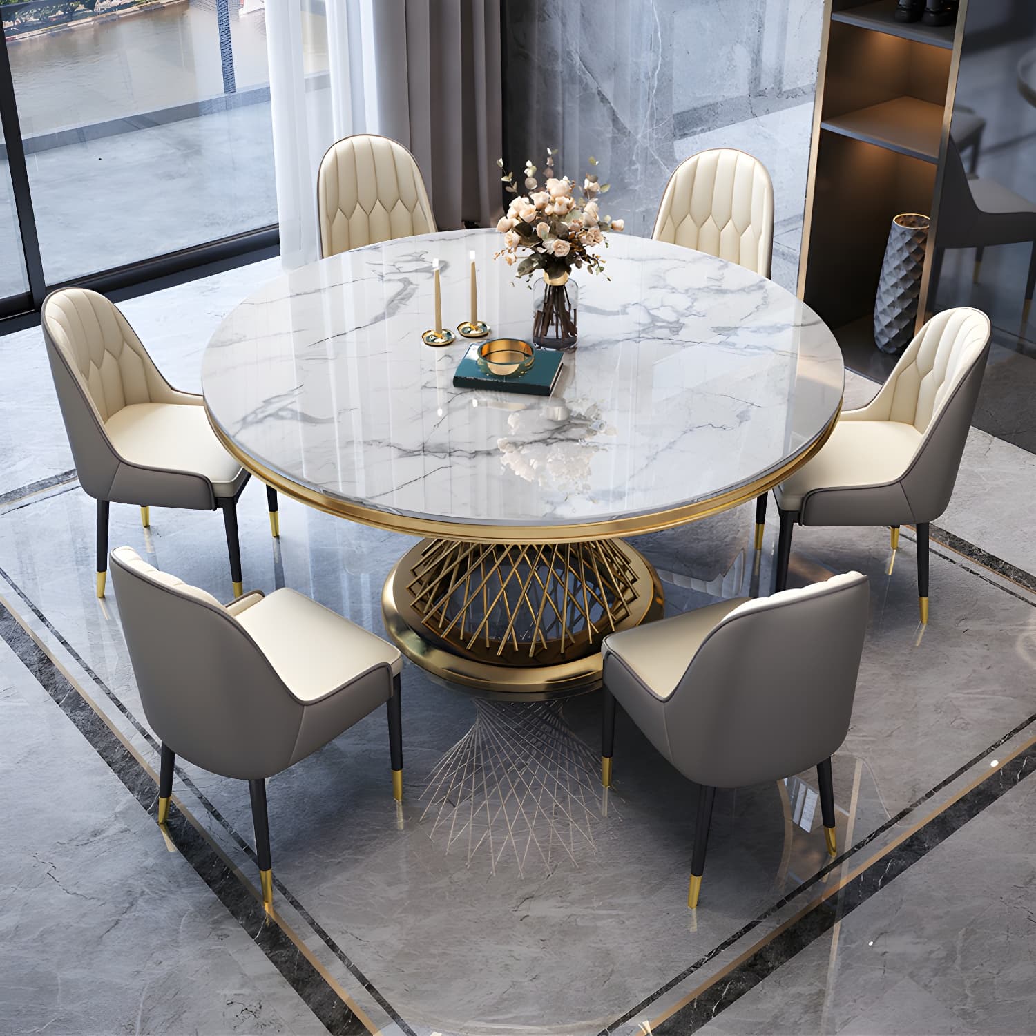 Glam Round Marble Dining Set with Gold Metal Pedestal Base - Fixed Table in White thumbnail 3