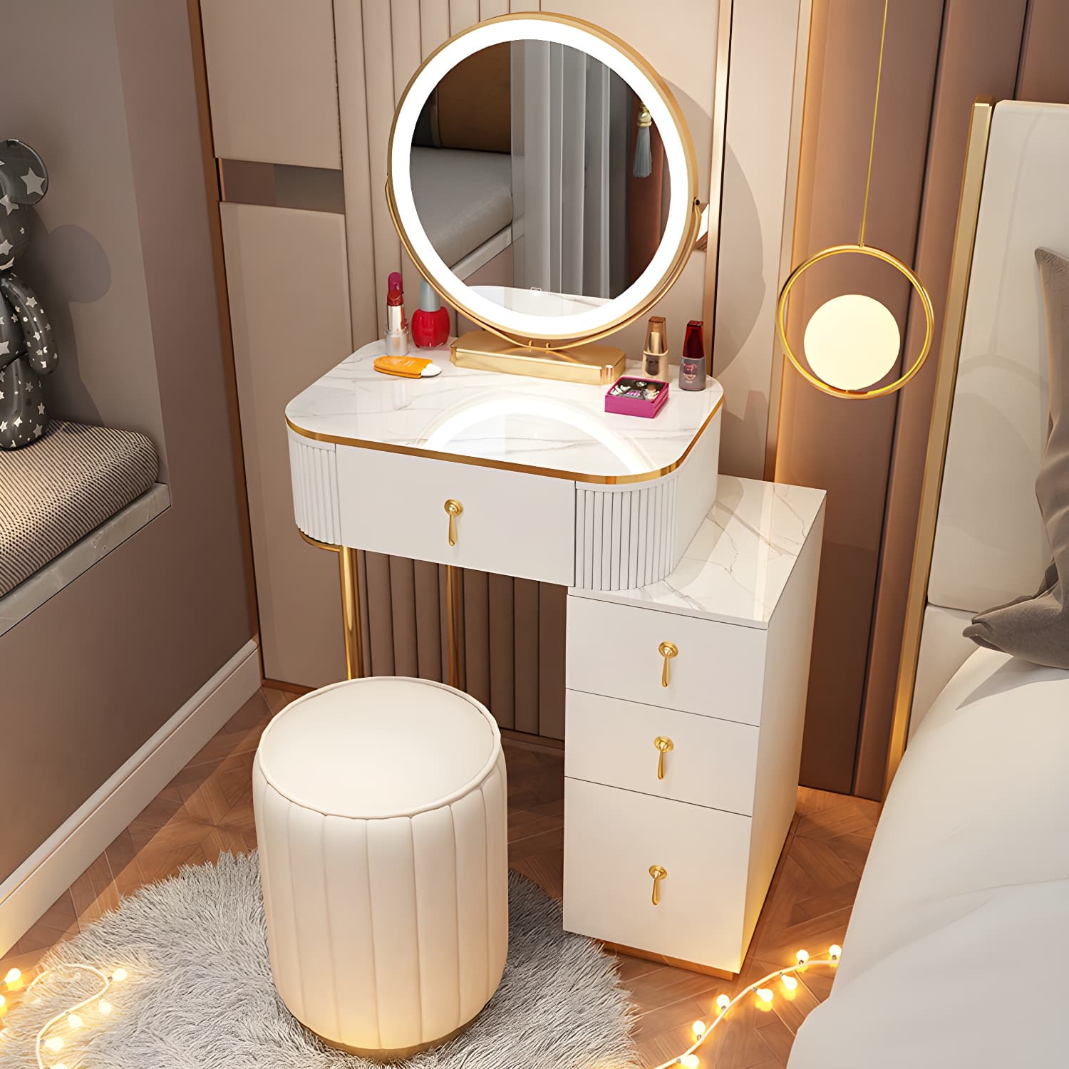 Removable Makeup Counter Bedroom Vanity Dressing Table with Lighted Mirror thumbnail 4