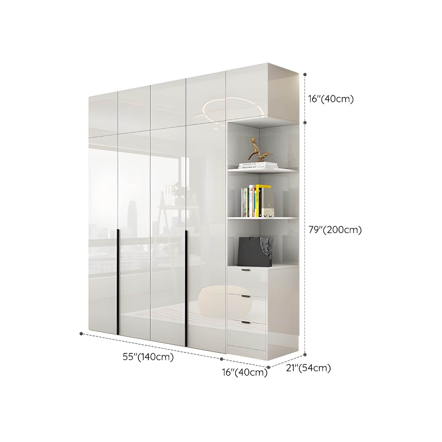 Solid Wood White Wardrobe Armoire with Drawers, Clothing Rod, and Shelves thumbnail 30