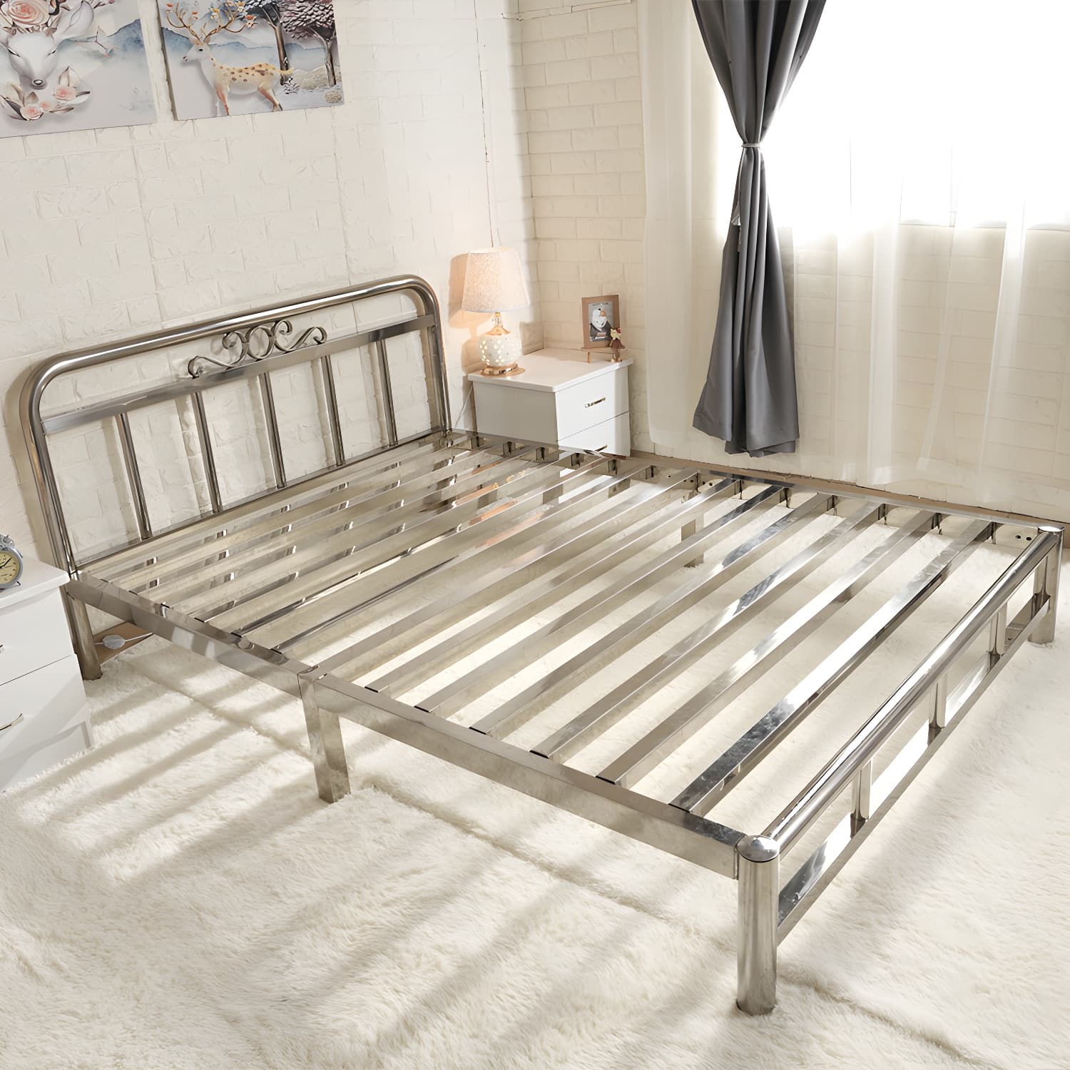 Silver Modern Steel Bed Rectangular Minimalist Bed with Metal Legs thumbnail 4