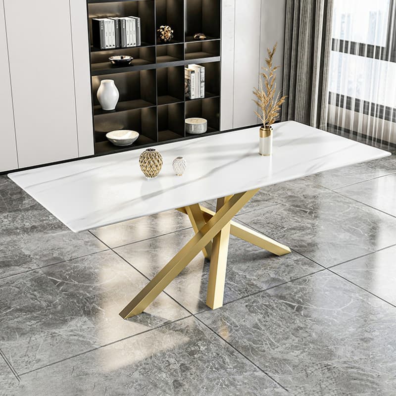 Art Deco Standard Table Height Rectangle Fixed Marble Top/Wood Dining Table with Golden Base for 8/4 People/6 People thumbnail 4