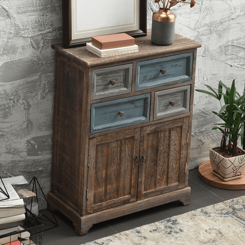 Industrial Detached Utility Cabinet with Distressed Wood and 4 Drawers Featuring Loop Pulls thumbnail 2
