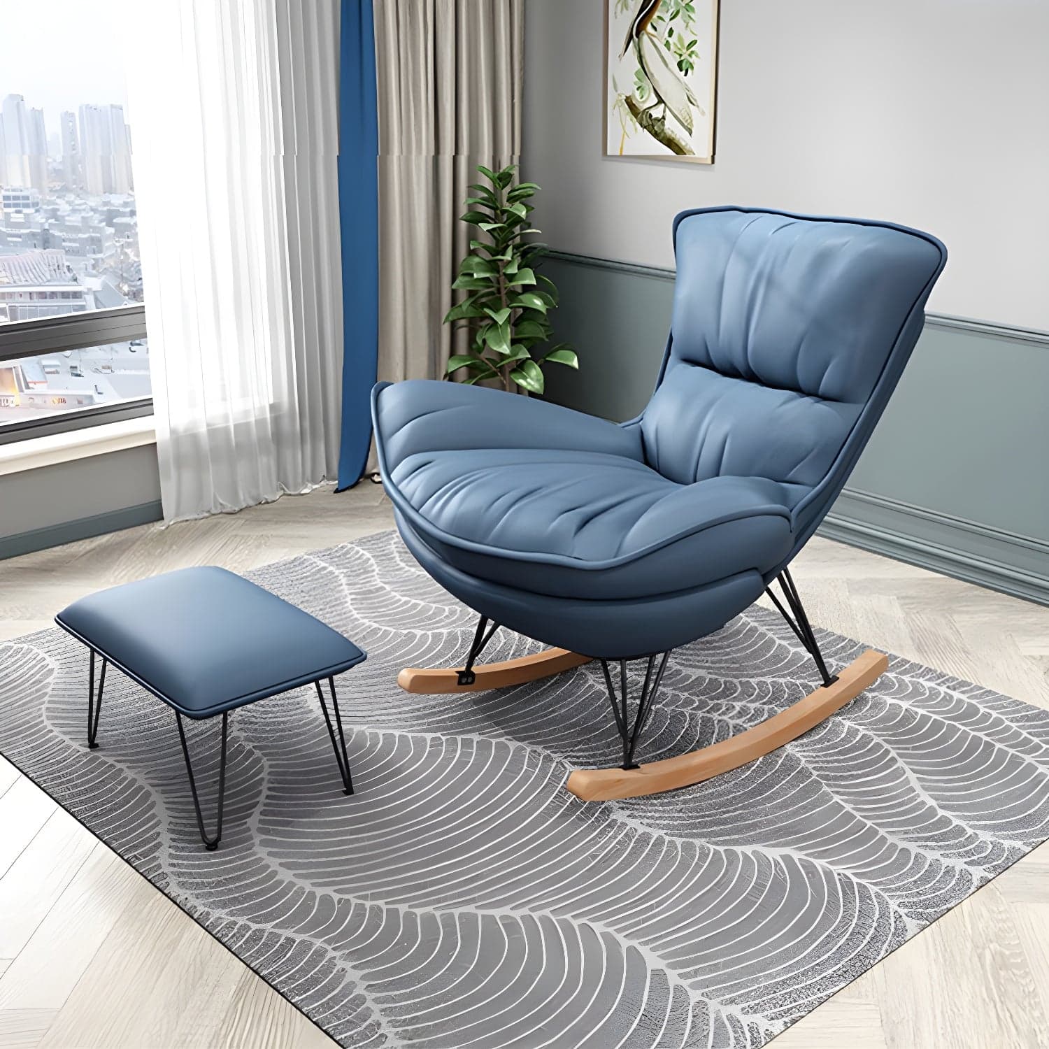 Stylish Modern Indoor Rocking Chair with Ottoman - Upholstered Seat and Natural Wood Legs thumbnail 4