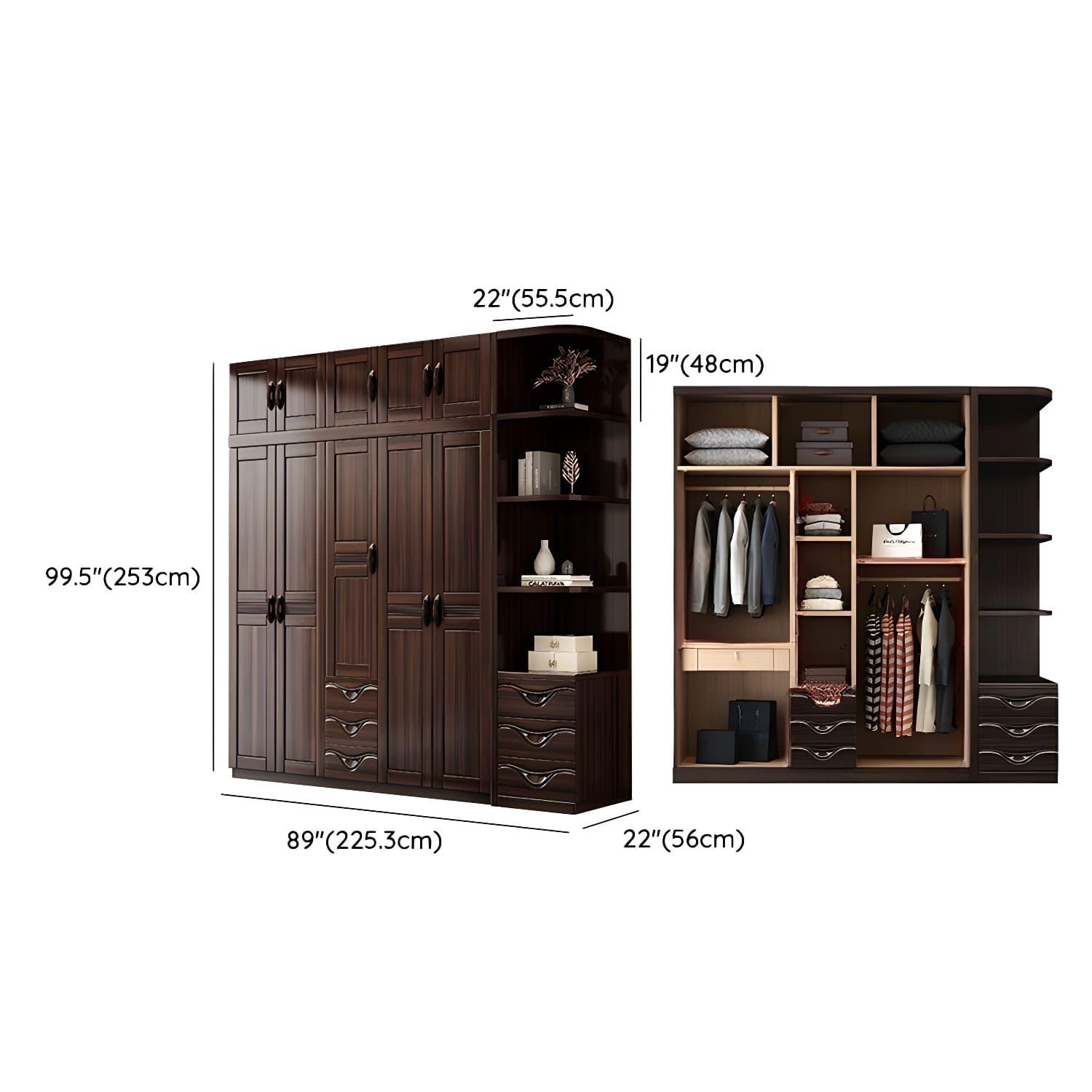 Traditional Black-brown Storage Wood Wardrobe with Clothing Rod and Shelves thumbnail 23