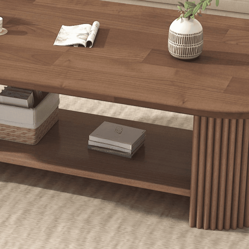 Oval Natural Wood Coffee Table with Twin Support Base, Repository, and 1 Shelf thumbnail 11