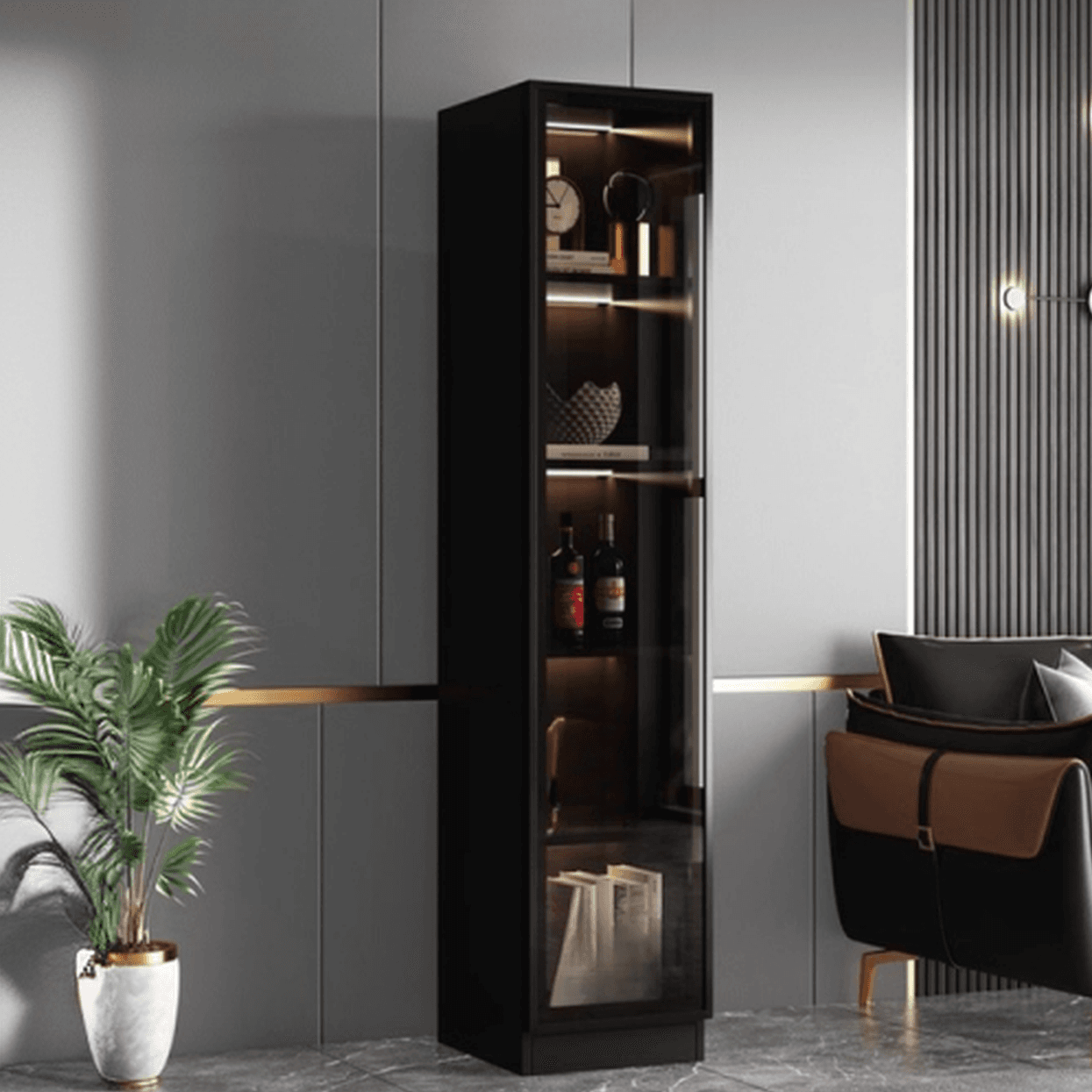 Contemporary Rectangle Utility Storage Cabinet with Storage Cabinet, Composite Wood Countertop, Glass-panel Door in Midnight Black thumbnail 4