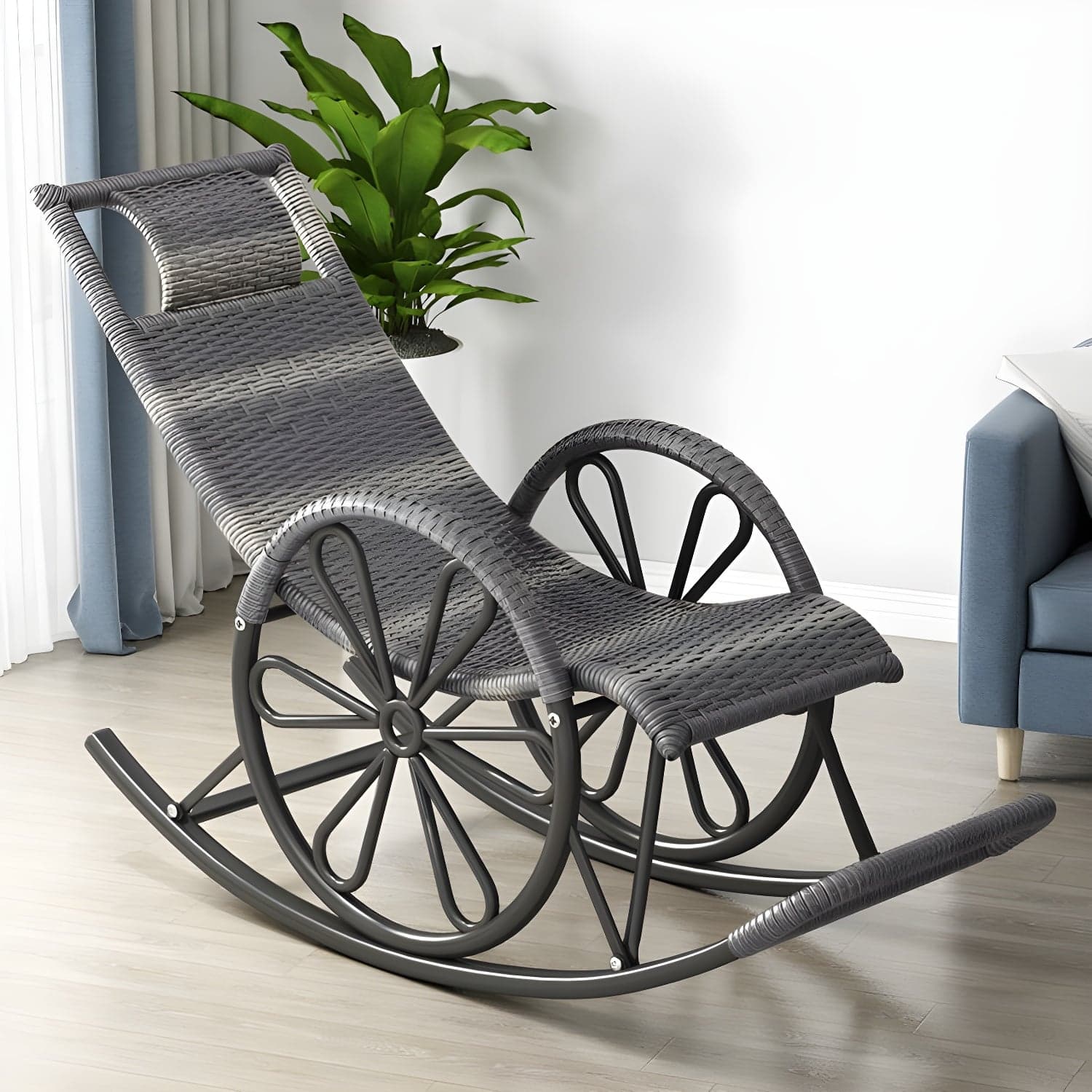 Rattan Modern Rocking Chair Woven Rope Rocker Chair in Black thumbnail 4
