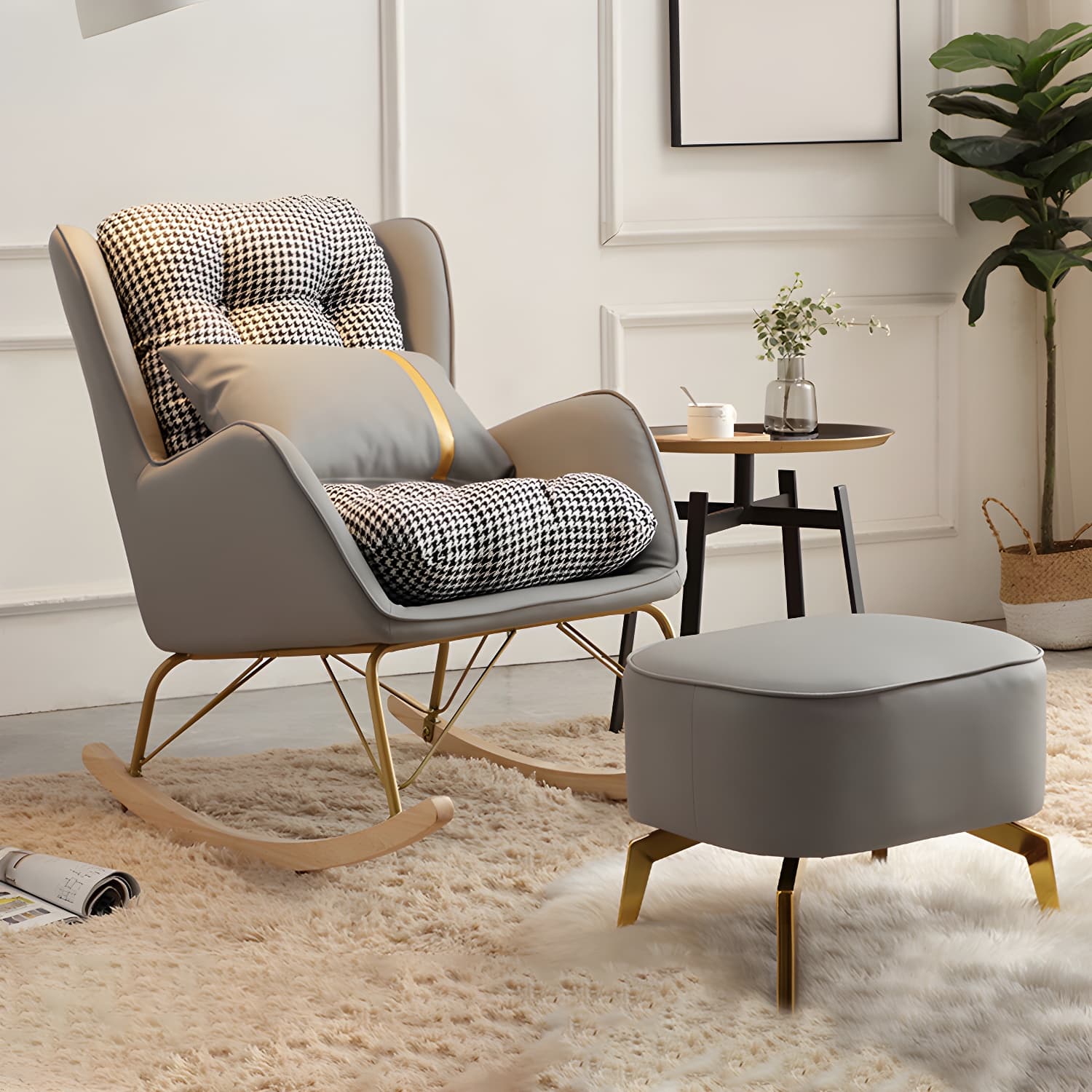 Contemporary Rocking Chair Rubber Wood Frame Wing Chair Back Indoor Rocking Chair thumbnail 17