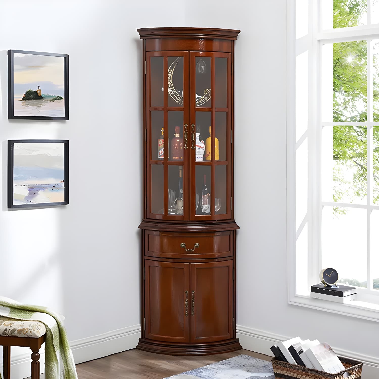 Corner Mid-Century Modern Accent Cabinet with Wood Countertop and Glass Doors thumbnail 12