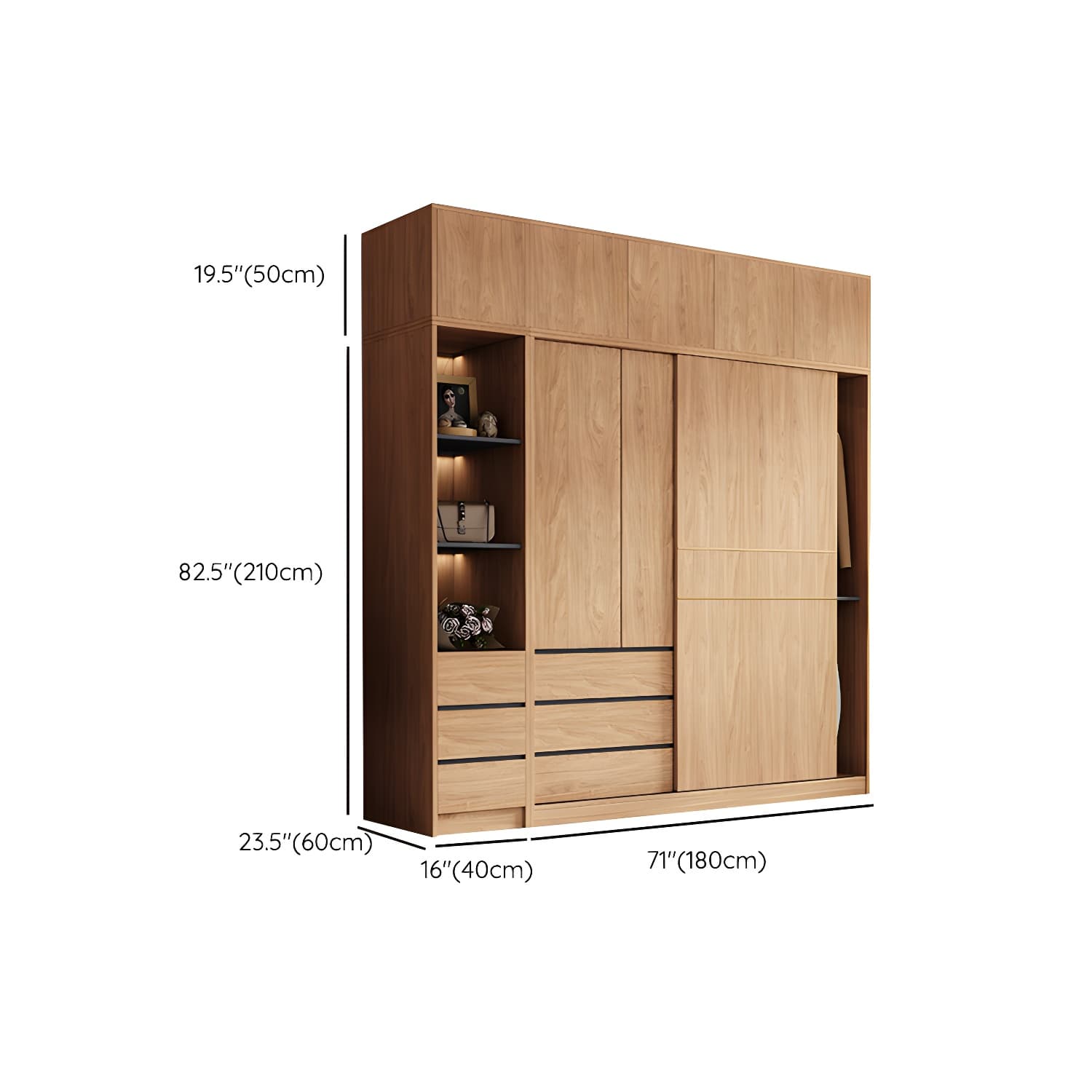 Natural Finish Wardrobe Armoire Sliding Wardrobe Cabinet with Drawer thumbnail 27