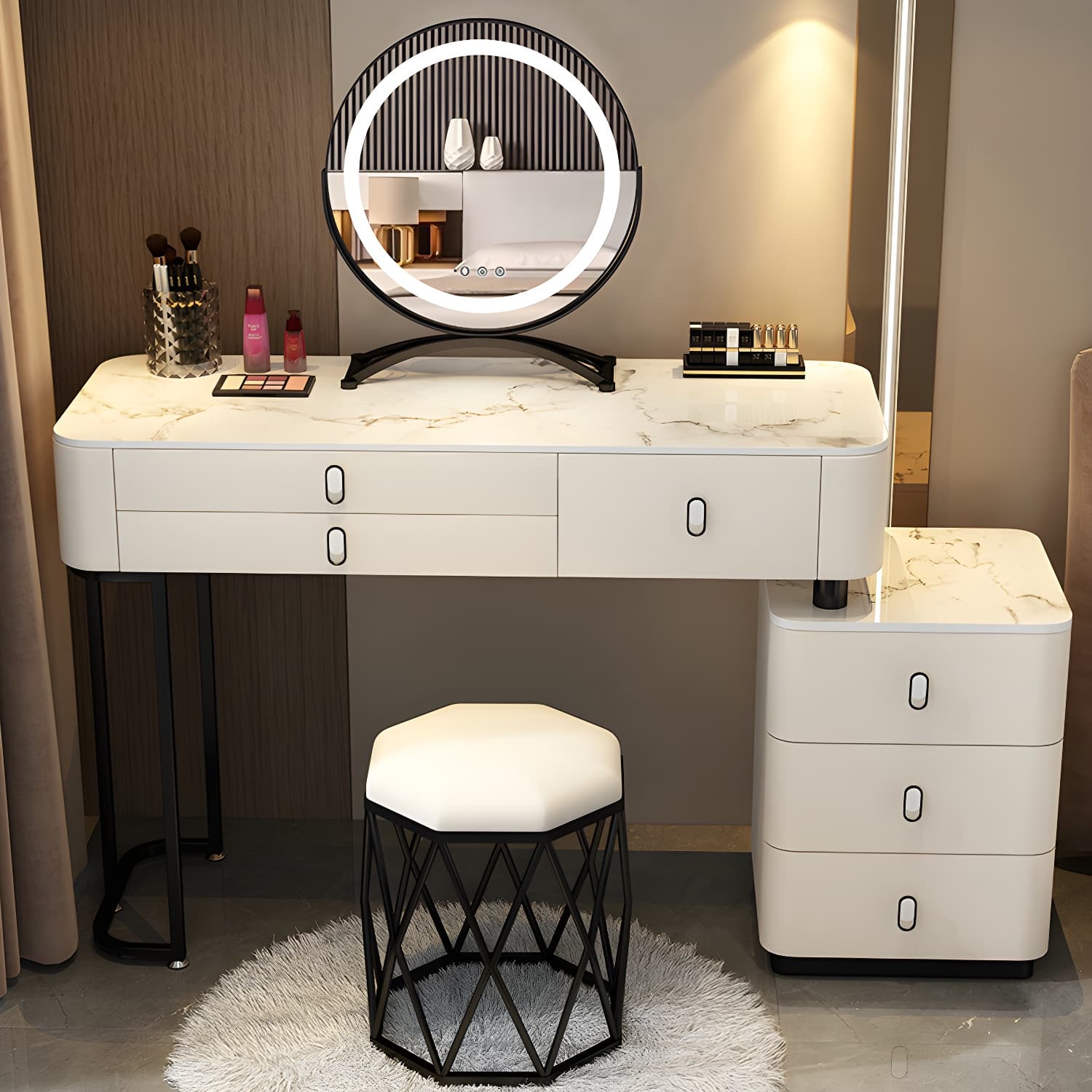 Glam Bedroom Vanity Dressing Table Stone Makeup Vanity Desk with Drawer thumbnail 8