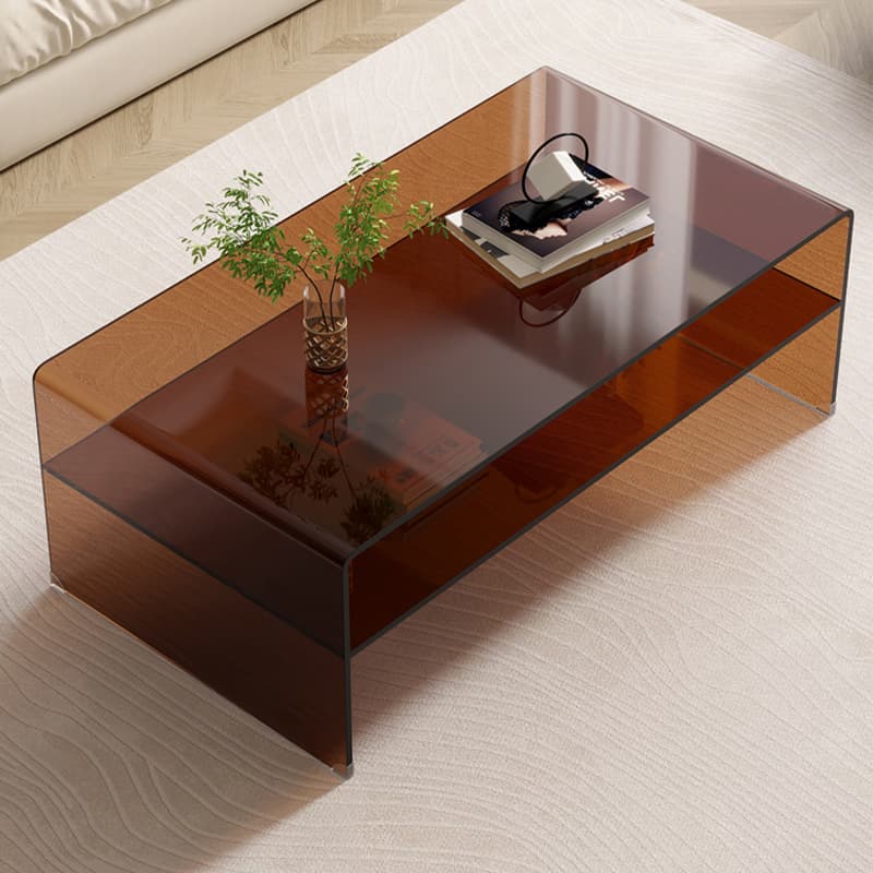 Rectangular Brown Glass Modern Coffee Table with Sled Base and Storage thumbnail 3