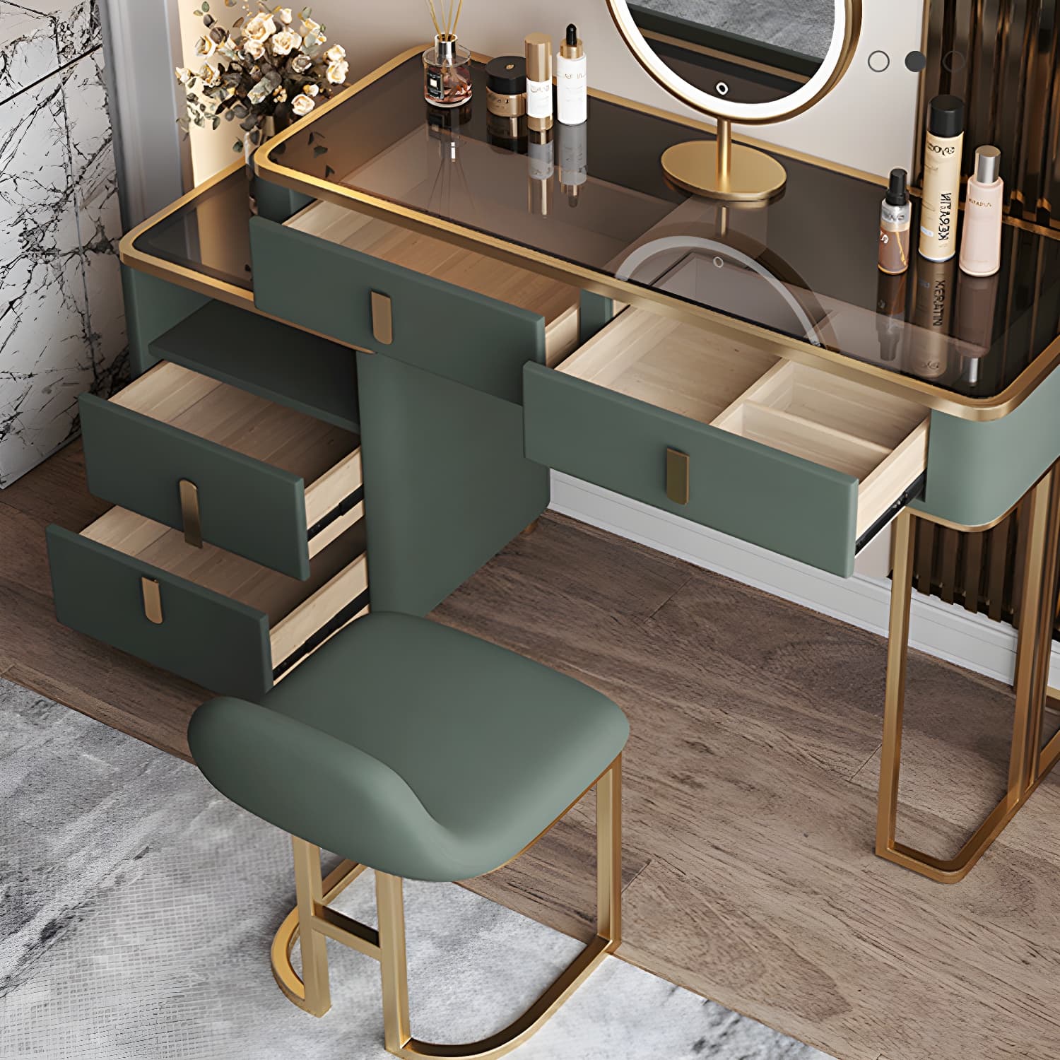 Glass Top Dressing Table Solid Wood Green Make-up Vanity with Drawers thumbnail 2
