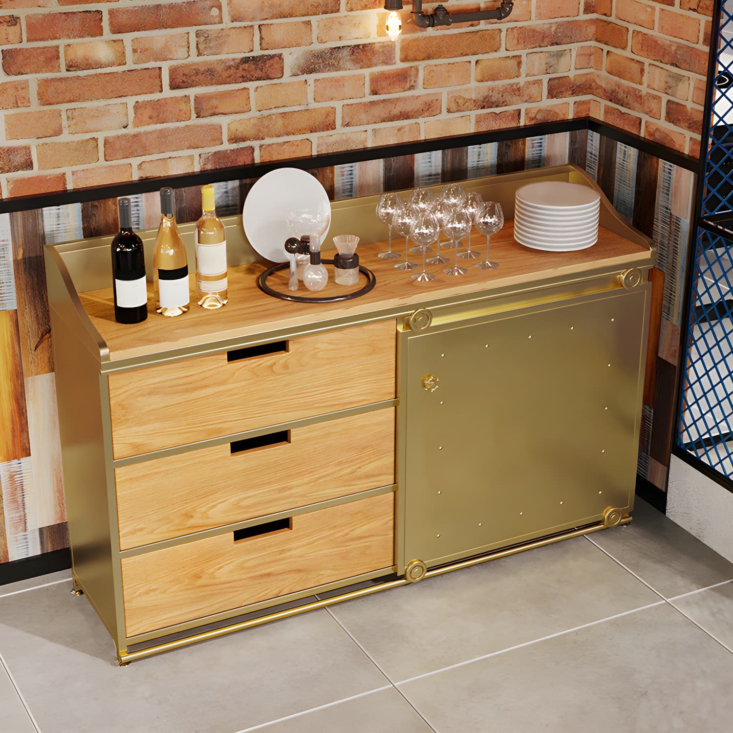 Industrial Metal Sideboard with Drawers, Cabinets, and Open Storage - 3 Drawers, 1 Interior Shelf