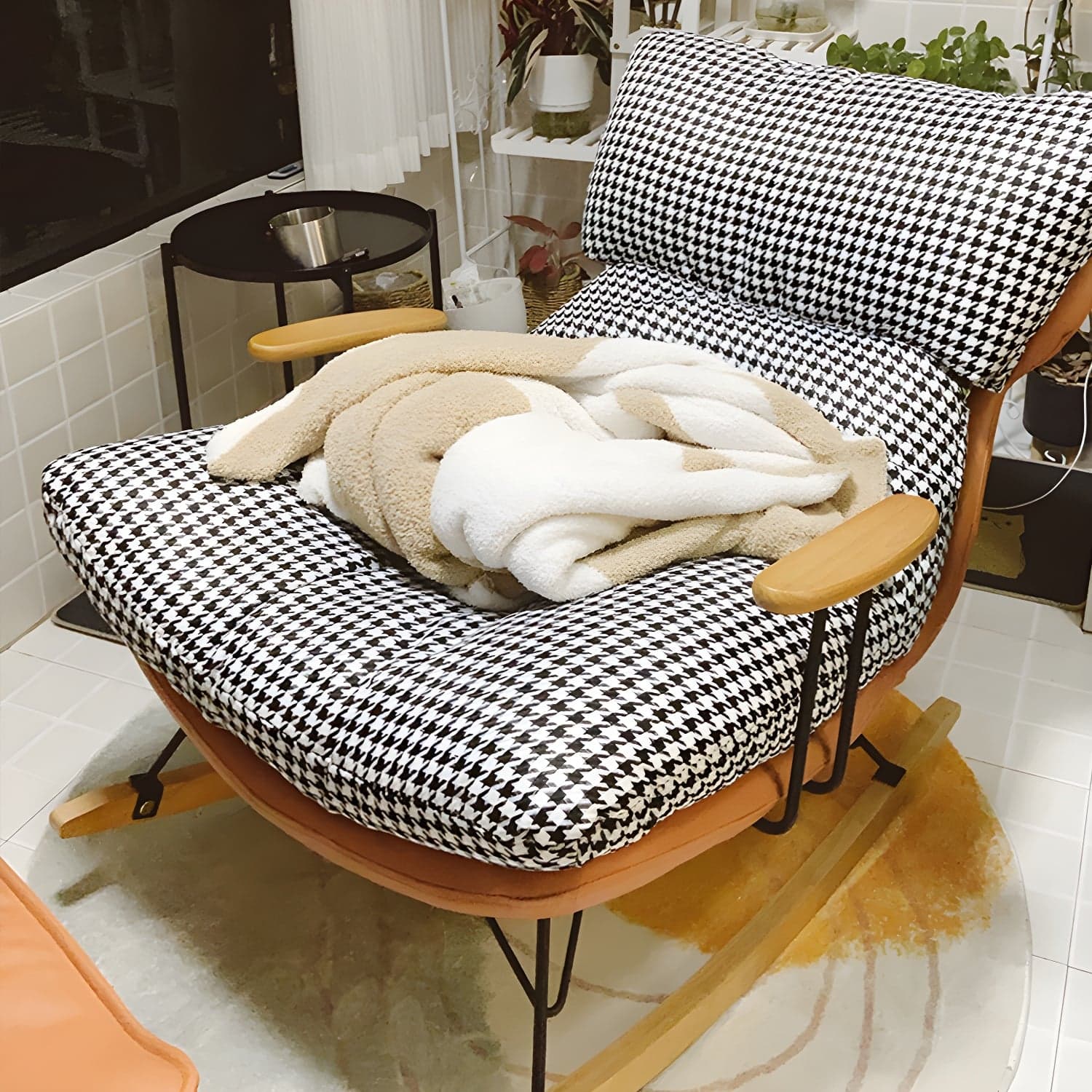 Scandinavian Indoor Upholstered Rocking Chair with Track Arms and Natural Wood Legs thumbnail 14