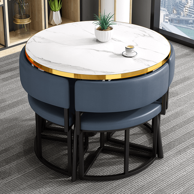 Art Deco Circular-shaped Upholstered Chair Metal & Faux Wood Dining Table Set with Upholstered Back in White, 5 Pieces thumbnail 12